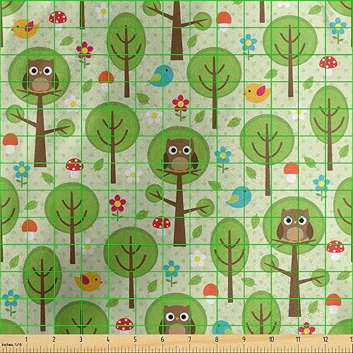 Miniatura 3 de Ambesonne Owl Print Fabric by The Yard, Forest Scene with Birds Trees Flowers and Leaves Spring Vibes, Decorative Satin Fabric for Home Textiles and