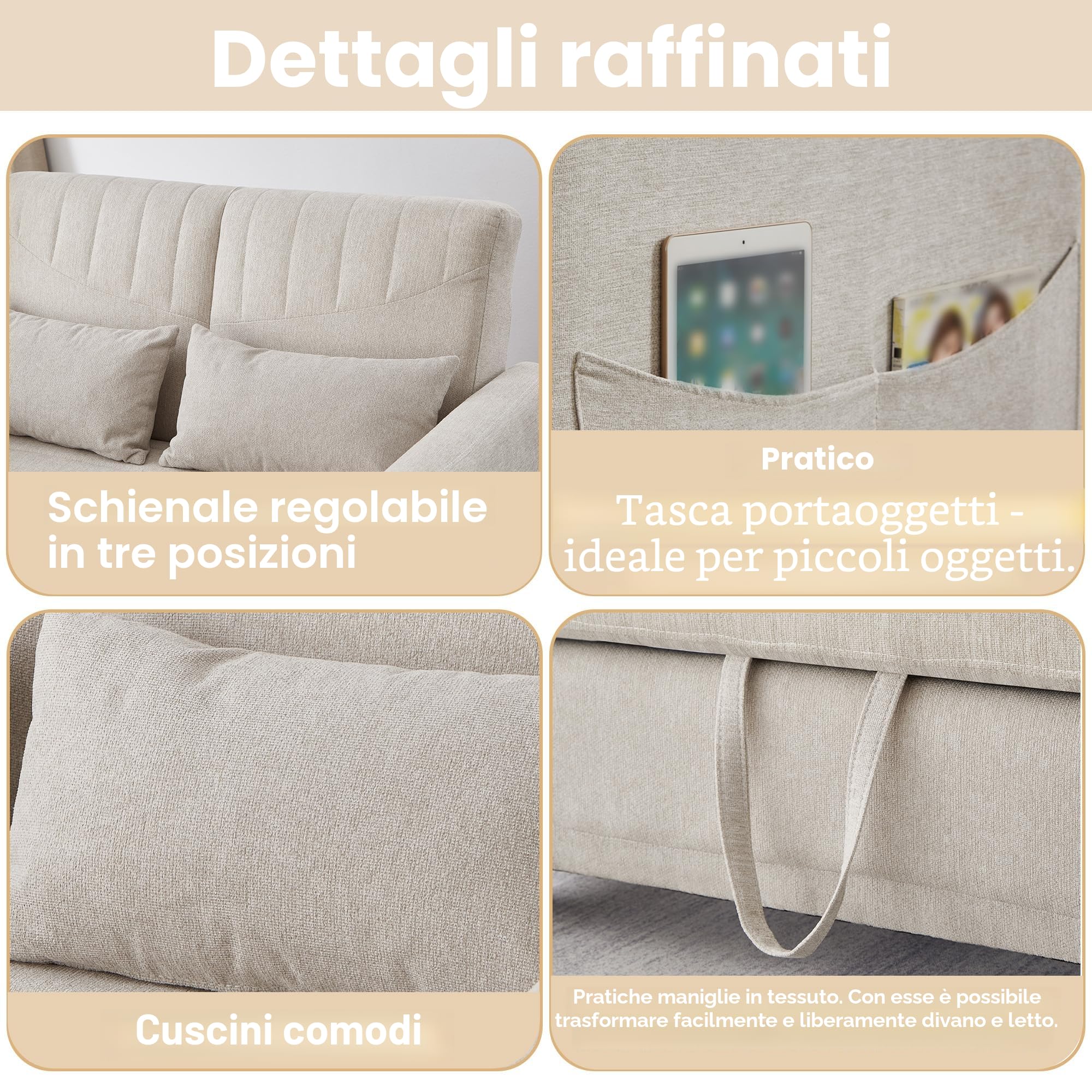 Divano a due posti con funzione letto, divano pieghevole con schienale regolabile, divano letto estraibile, divano letto con contenitore, piccoli divani per piccoli spazi, 114 x 77 cm, beige