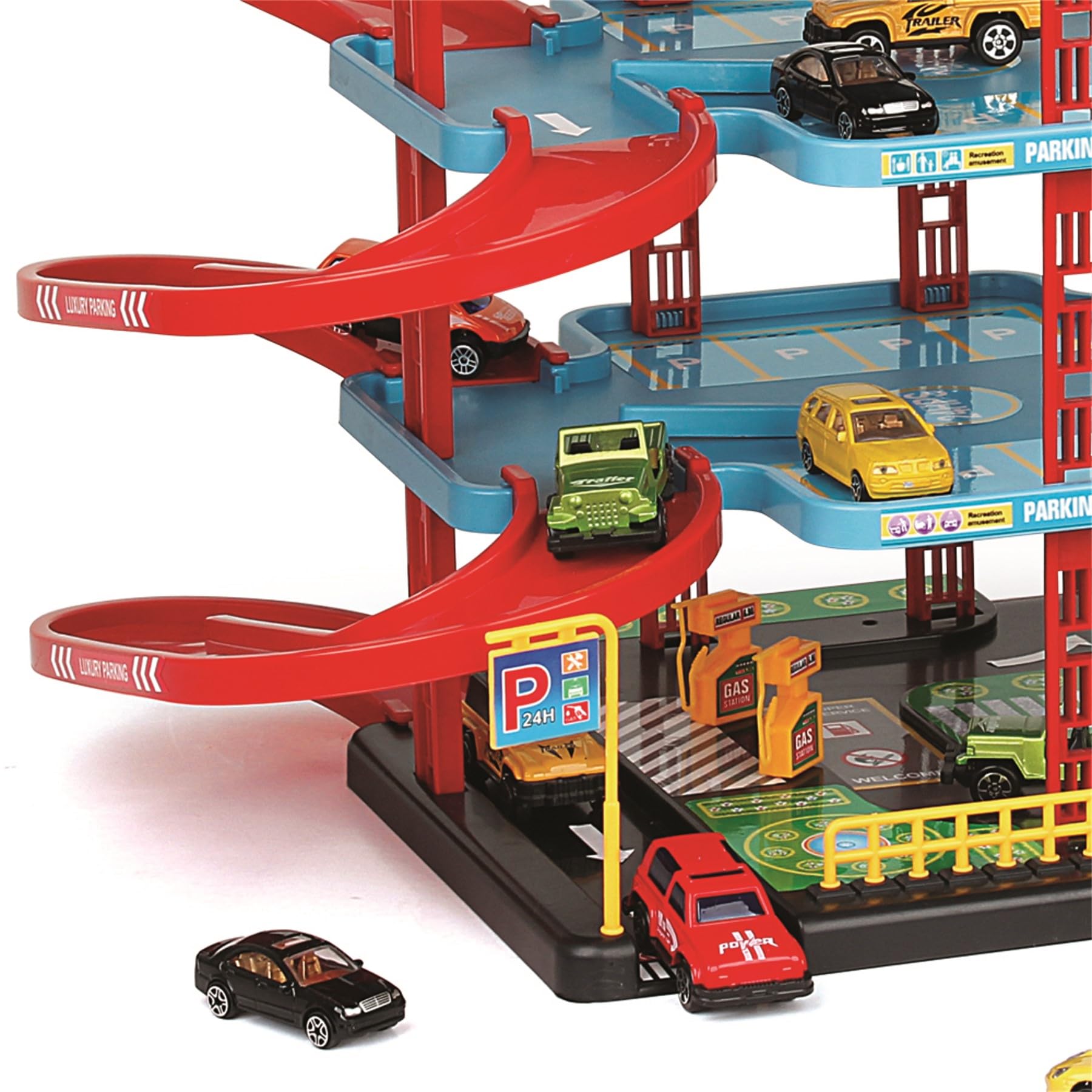Parcheggio giocattolo per bambini con 4 livelli, ascensore e stazione di servizio, set da gioco incl. 4 auto in metallo e un elicottero, garage per auto con piazzola di atterraggio per elicotteri per