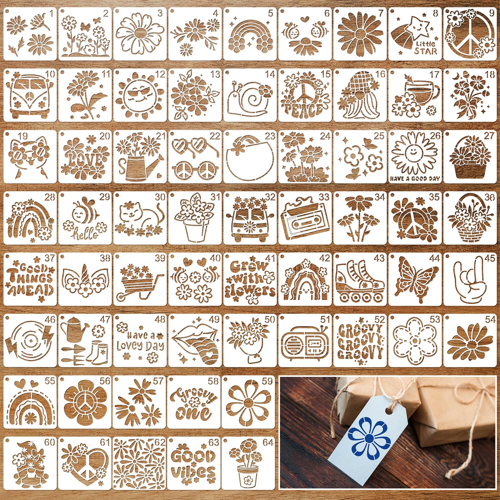 JSRQT 64Pcs Hippie Style Stencils for Painting,Reusable Art Craft Painting Stencil,Small Drawing Template for DIY Project & Home Decor,3 Inches