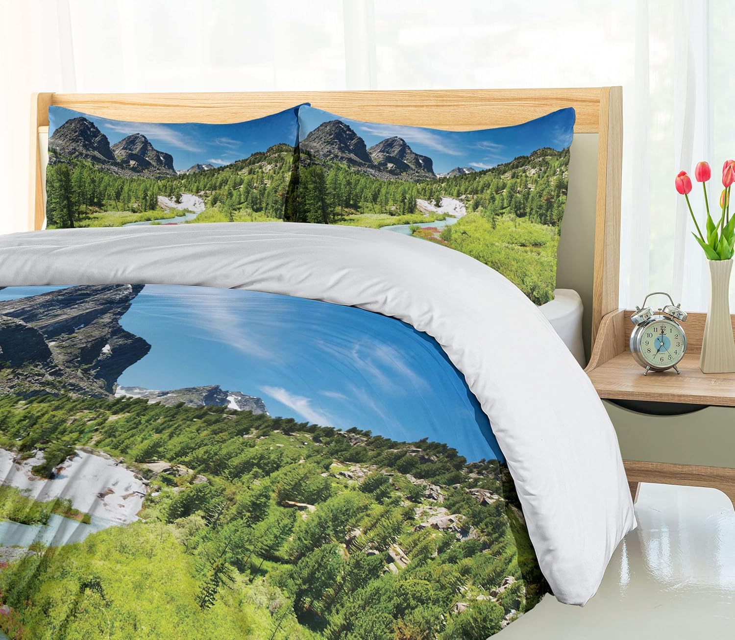 Ambesonne Mountain Duvet Cover Set, Rainforest River with Rocky Mountains Scenery Siberia Whitewater Altai Pine Forest, Decorative 3 Piece Bedding Set with 2 Pillow Shams, King Size, Blue Green King Blue Green