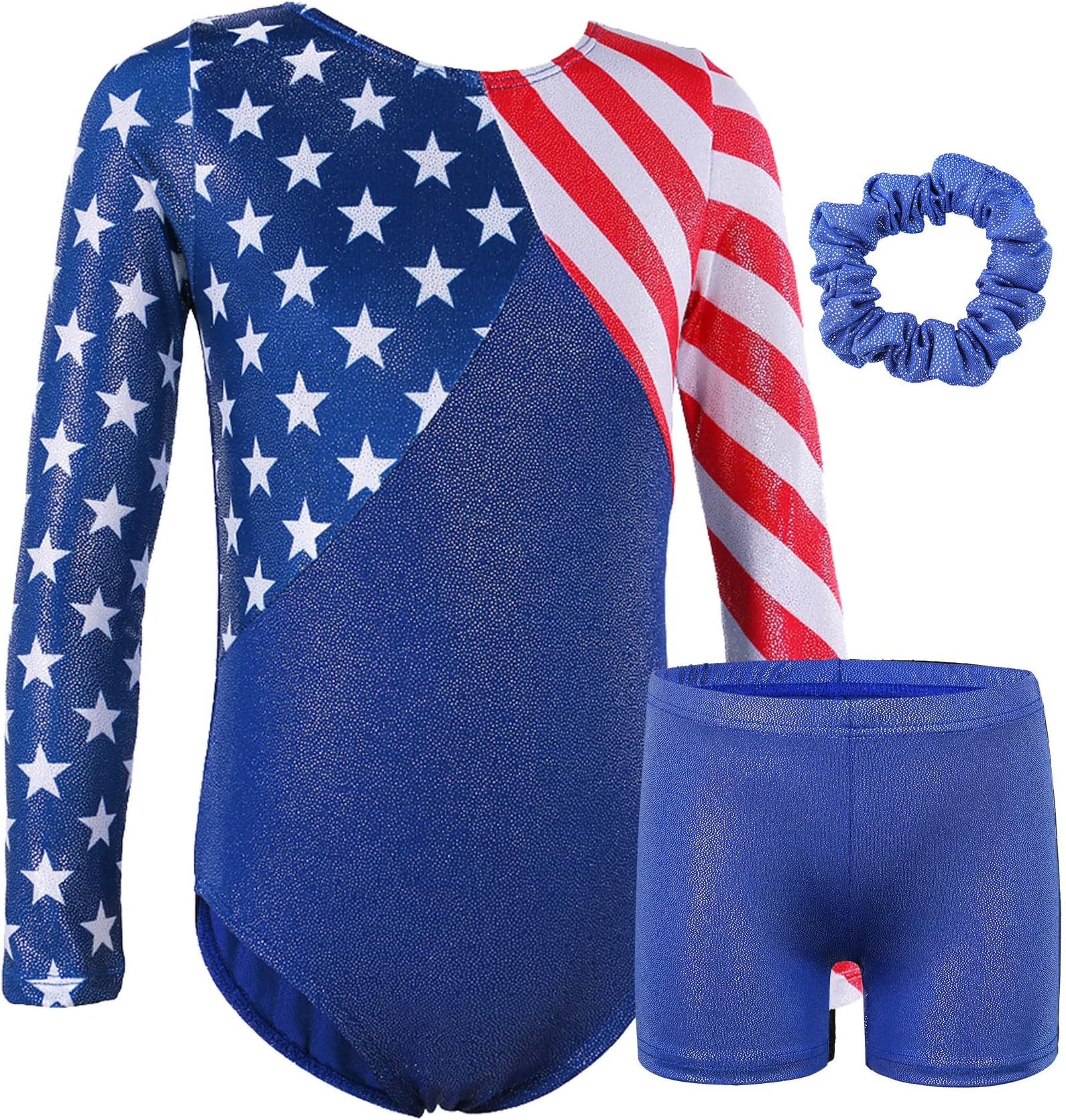 Gymnastics Leotards for Girls Patriotic Glitter Long Sleeve Dancewear with Matching Shorts Set