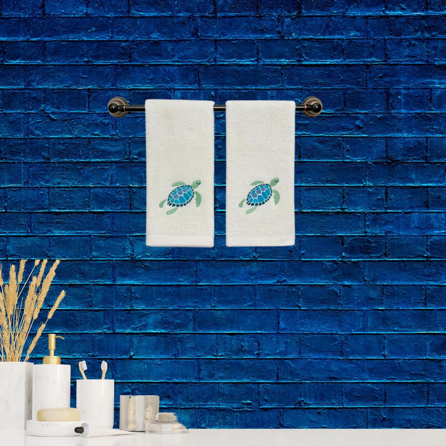 Serafina Home Sea Turtle Bath Towel Set, Embroidered Aqua Blue Ocean Turtles, 6 pc Set: 2 x 12" x 18" Fingertip, 2 x 16" x 25" Hand, 2 x 27" x 54" Bath Towel