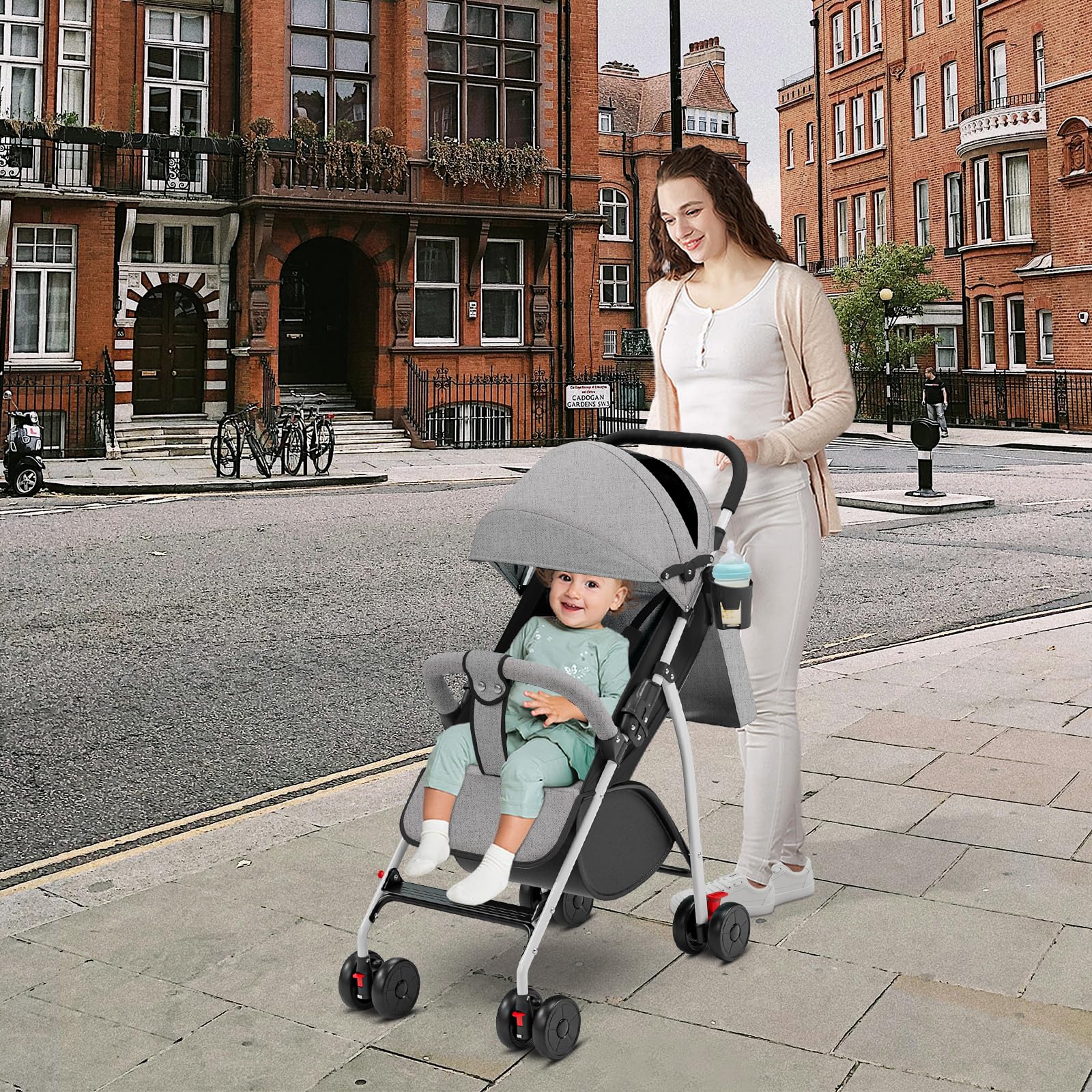 OHMG Buggy Kinderwagen ab 6 Monate bis 4 Jahre,stroller,Baby Sportwagen,Leichtes Kinderwagen-Buggy,PU-Räder,5-Punkt-Gurt,Faltbar,Moskitonetz,Getränkehalter,bis 22 kg (C-Grau)