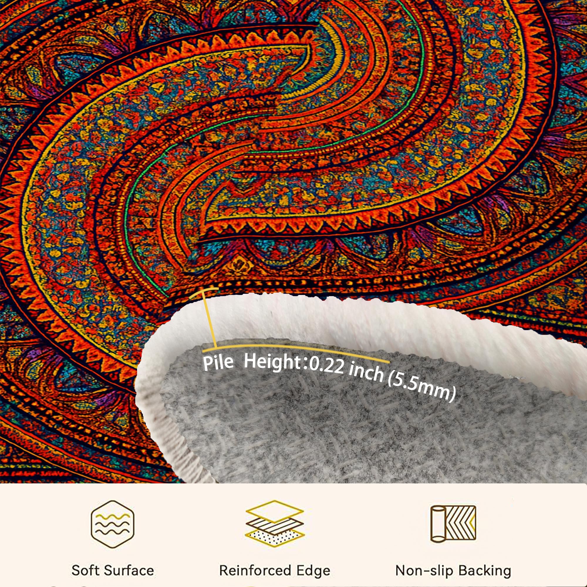 Tapis mandala bohème ethnique, floral, géométrique, été, rouge, dos antidérapant, tapis de sol pour salon, chambre à coucher, nouvelle maison, salle à manger, 1,8 x 1,8 m