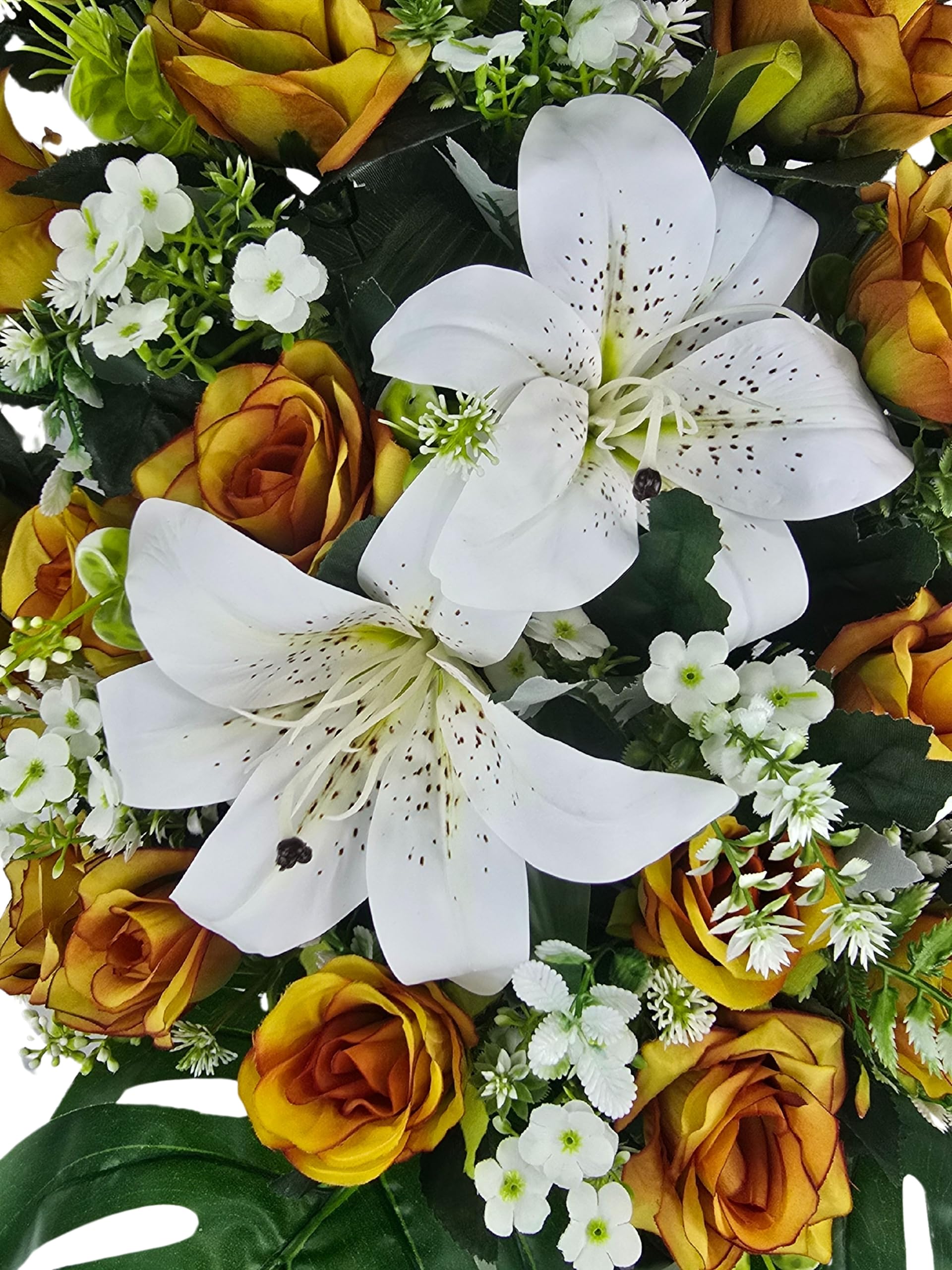 DRW Centro de Flores Cementerio, procesiones, Iglesias Bodas o sepulturas Rosas otoñales y liliums Blancos Artificiales 60x28x56
