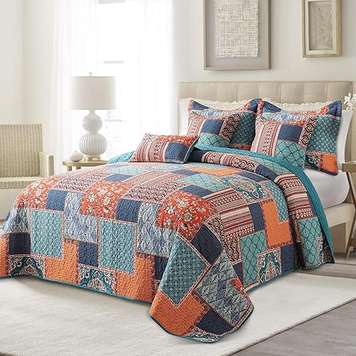 Miniatura 2 de BEDISELY Juego de colcha de algodón tamaño King de granja (98 x 106 pulgadas) con patrones geométricos florales, juego de colcha reversible ligera
