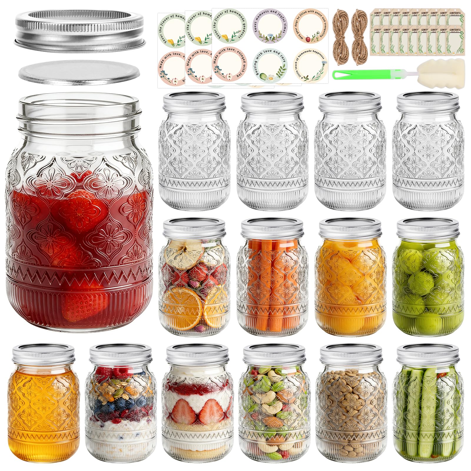 Photo 1 of 16 oz Embossed Mason Jars 15 Pack, Regular Mouth Pint Glass Canning Jars with Airtight Lids and Bands, Ideal for Overnight Oats, Meal Prep, Pickling, Fermenting, Food Storage, DIY Crafts & Gifts