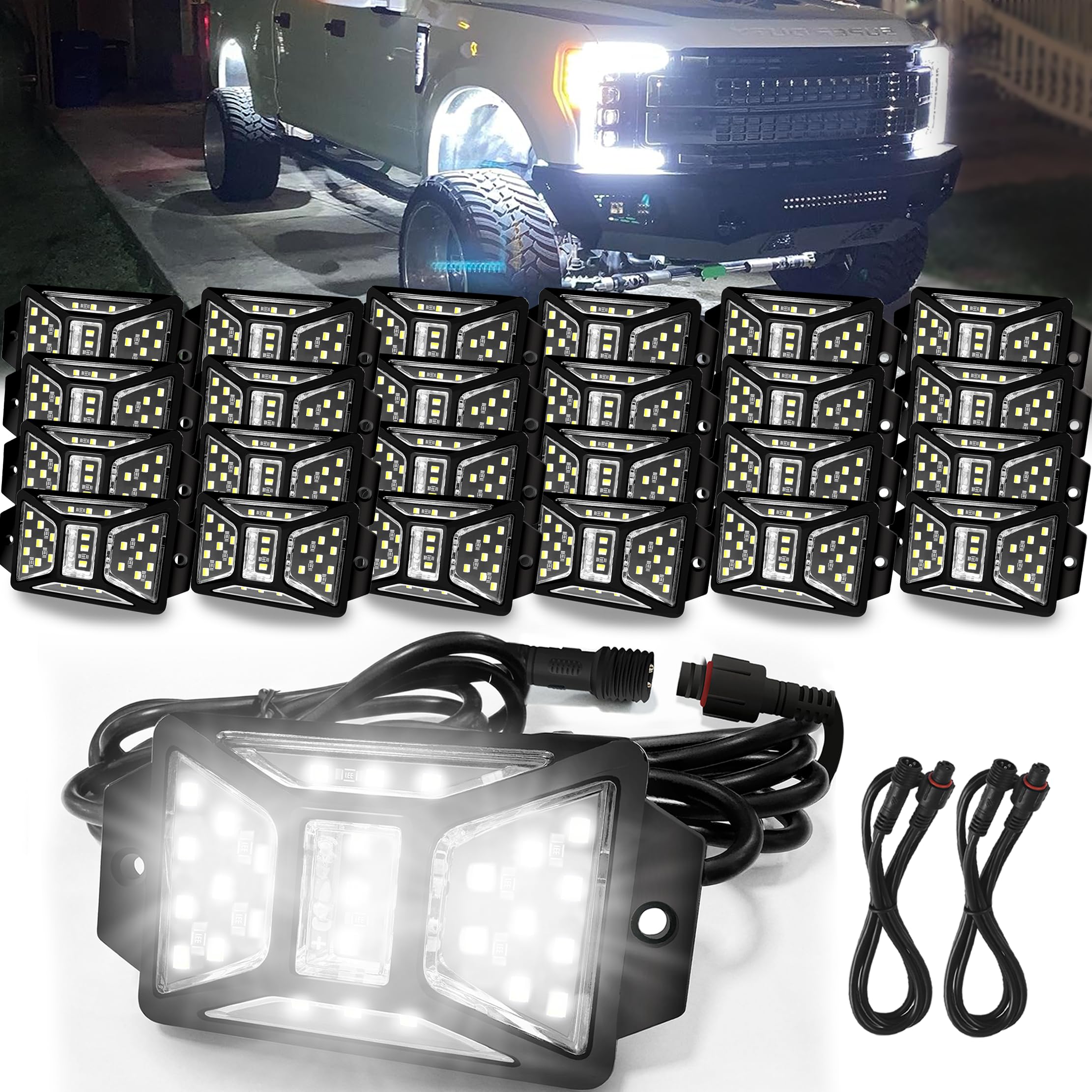 24 Pods Pure White Rock Lights with 2 Pack Connectors Extension Wires,Waterproof Rock Lights Compatible with Trucks Jeep UTV SUV ATV Boat Golf Cart,