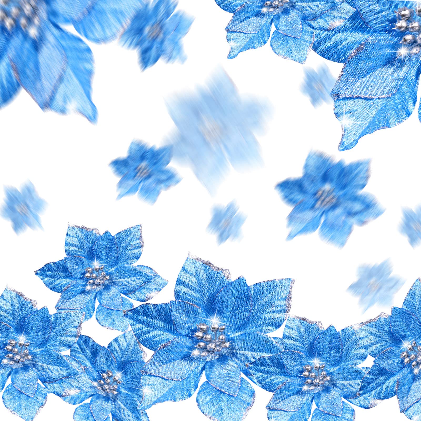Geosar 100 Piezas Poinsettia con Purpurina Navideña de 3 Tamaños Flores de Boda Falsas Adornos de Decoración de Flores de Navidad para Decoración Año Nuevo Árbol de Navidad (Azul)