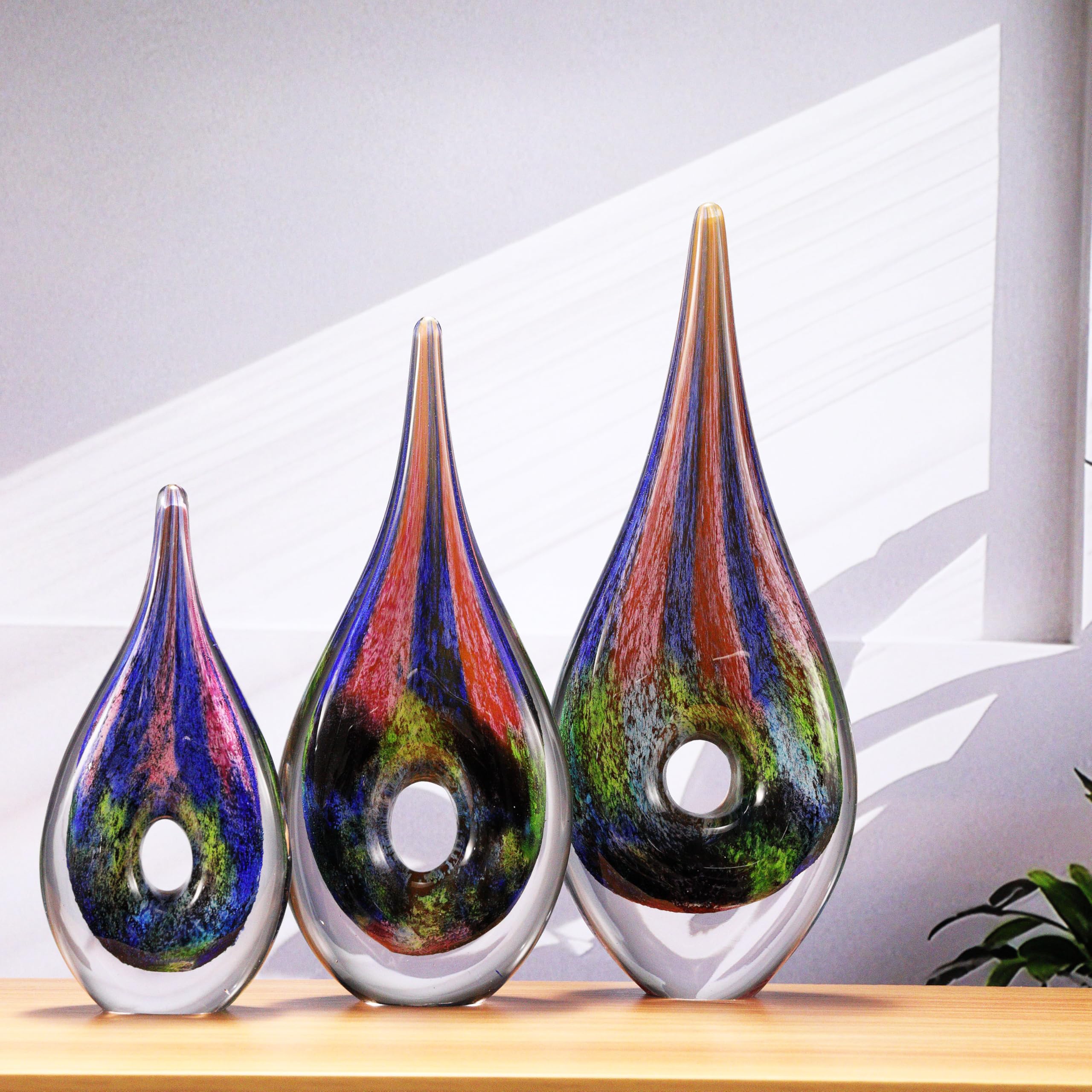 Luxury Lane Hand Blown Abstract Hollow Tear Drop Sommerso Art Glass Sculpture for Home Decor 14 inch Tall Centerpiece Table Decoration