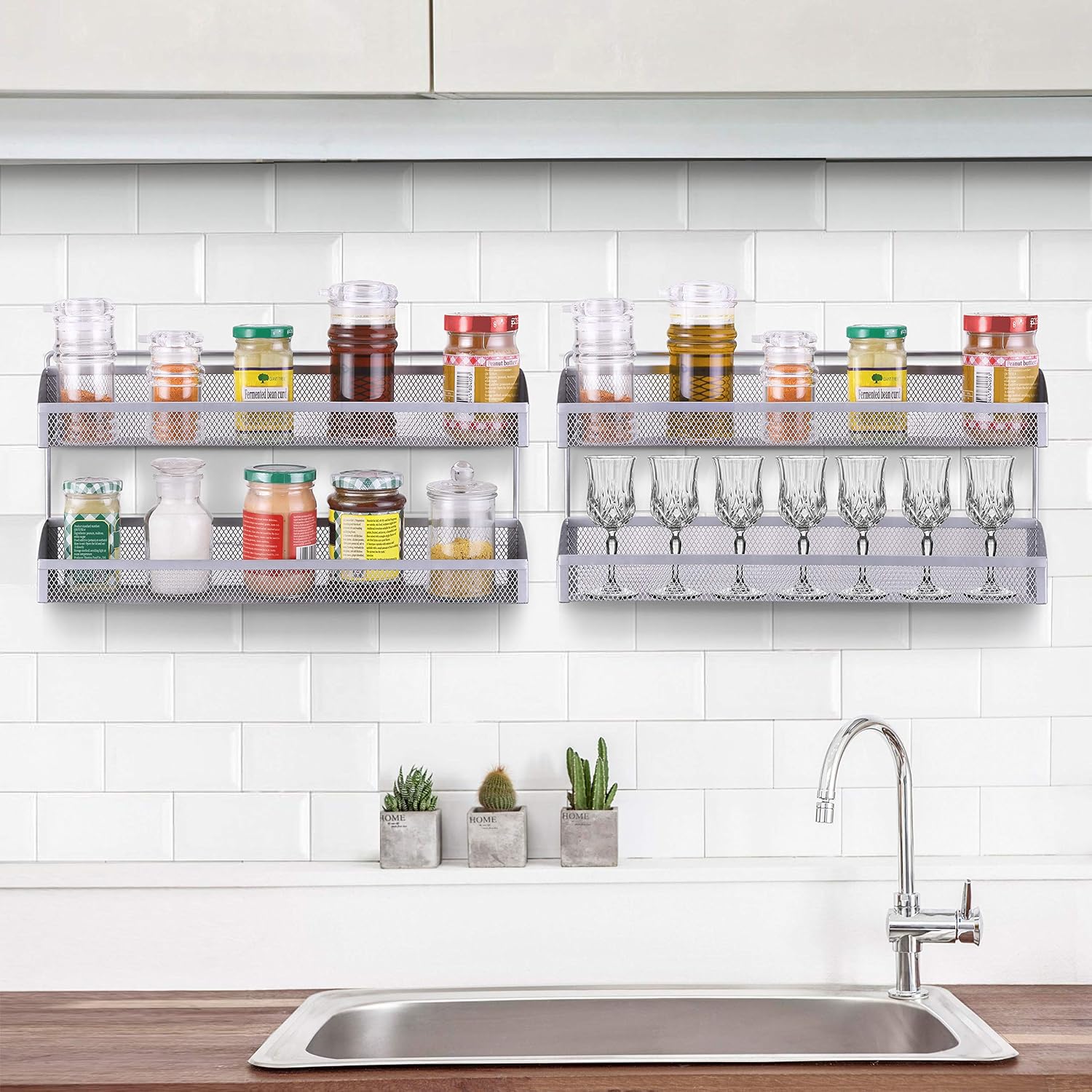 Simple Trending 2 Pack 2 Tier Spice Rack Organizer, Wall Mounted Spice Shelf Storage Holder for Kitchen Cabinet Pantry Door, Silver
