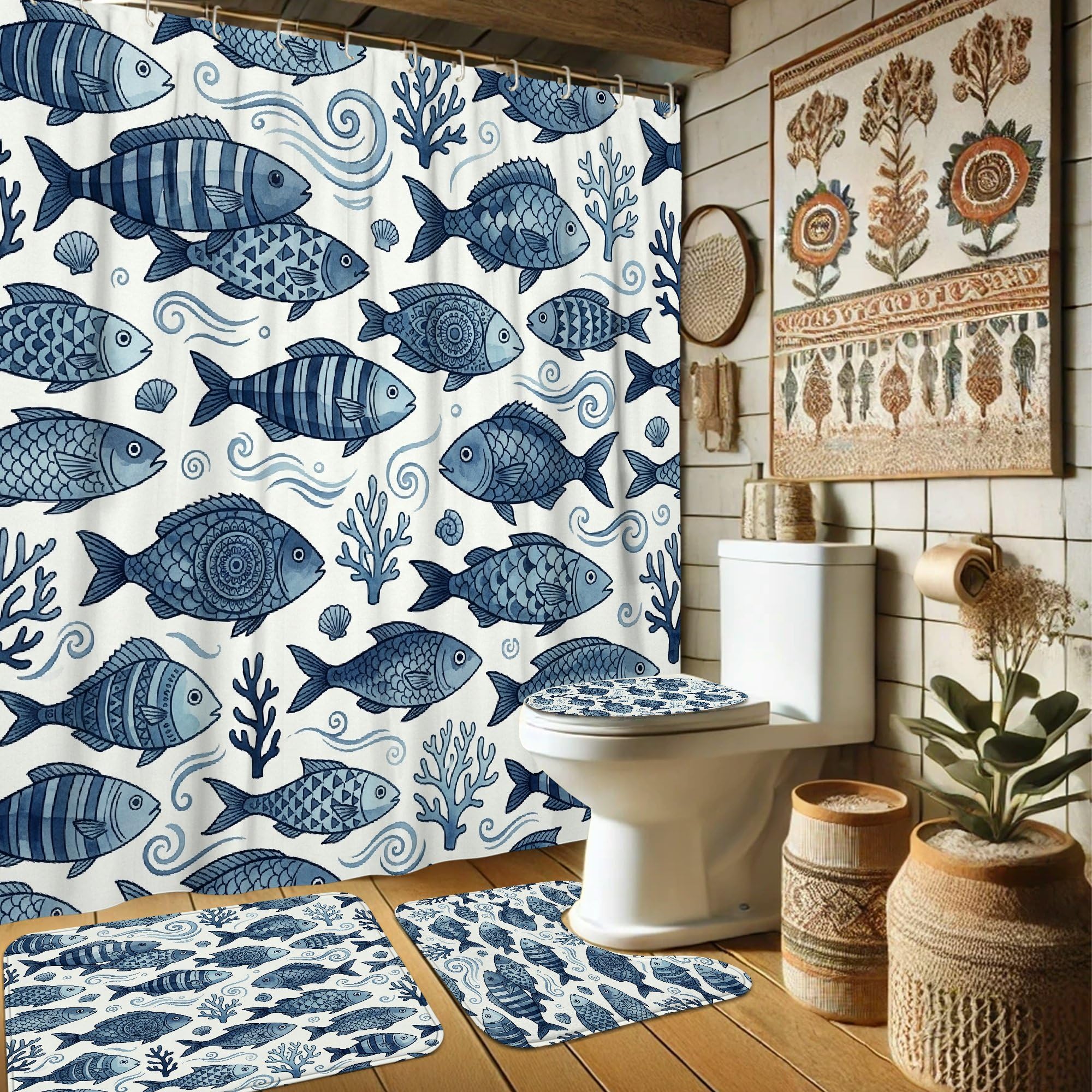 Rideau de douche poisson bleu marine pour maison d'hôtes
