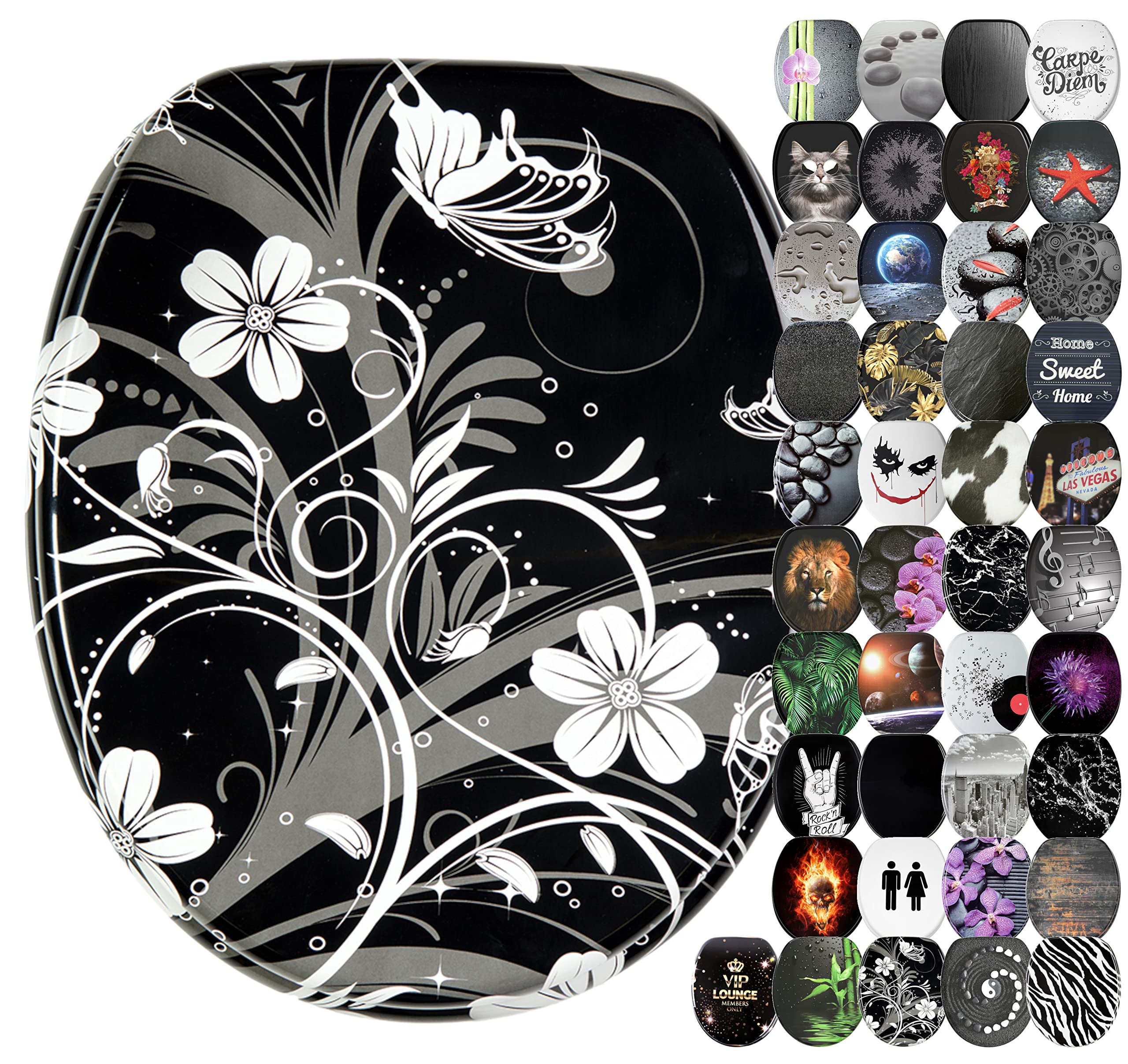 Sanilo Soft Close Toilet Seat, Wide Choice of Black Toilet Seats, Stable Hinges, Easy to Mount (White Flower) โ image 1