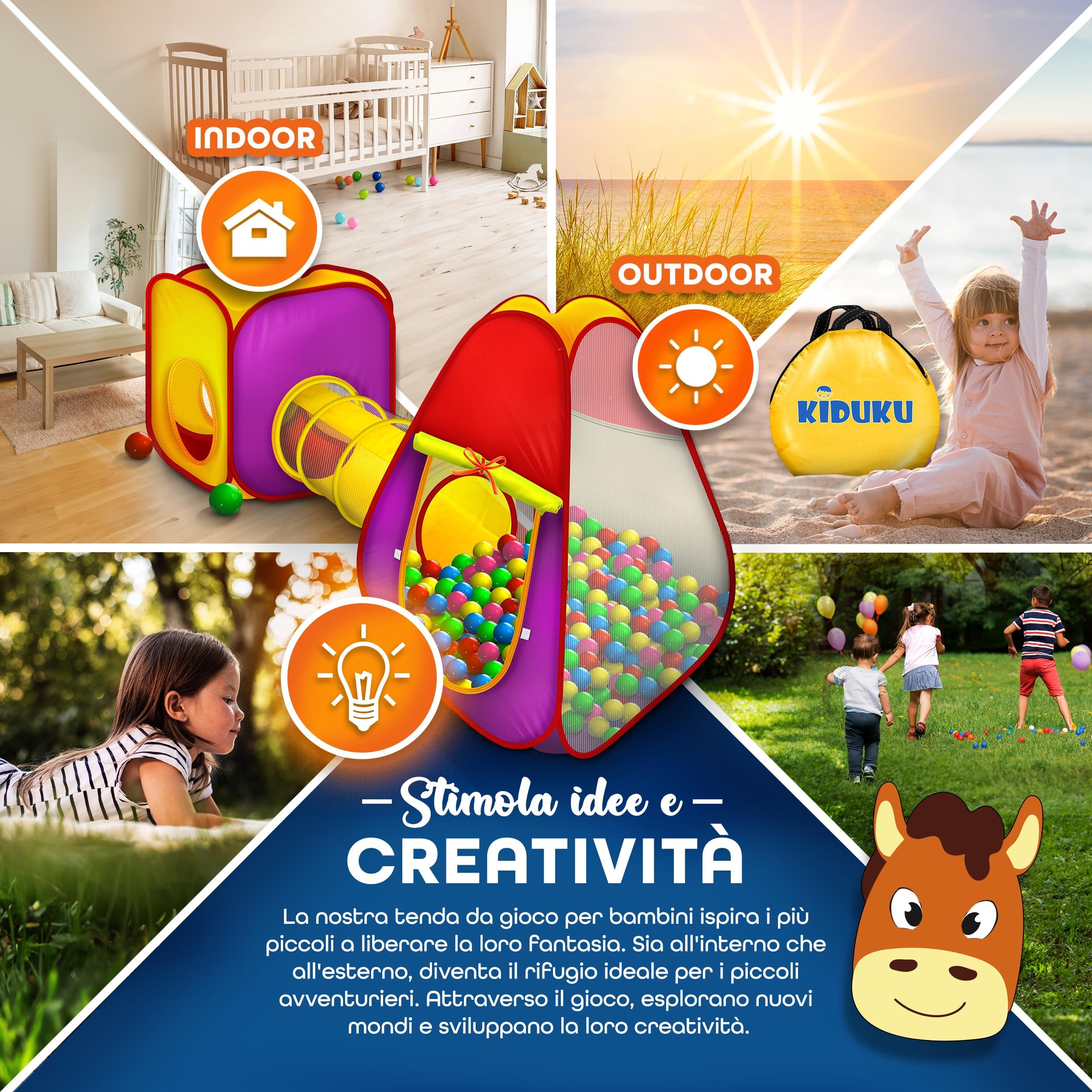KIDUKU Tenda a dado per bambini Pop Up con tunnel + 200 palline + borsa per interni ed esterni