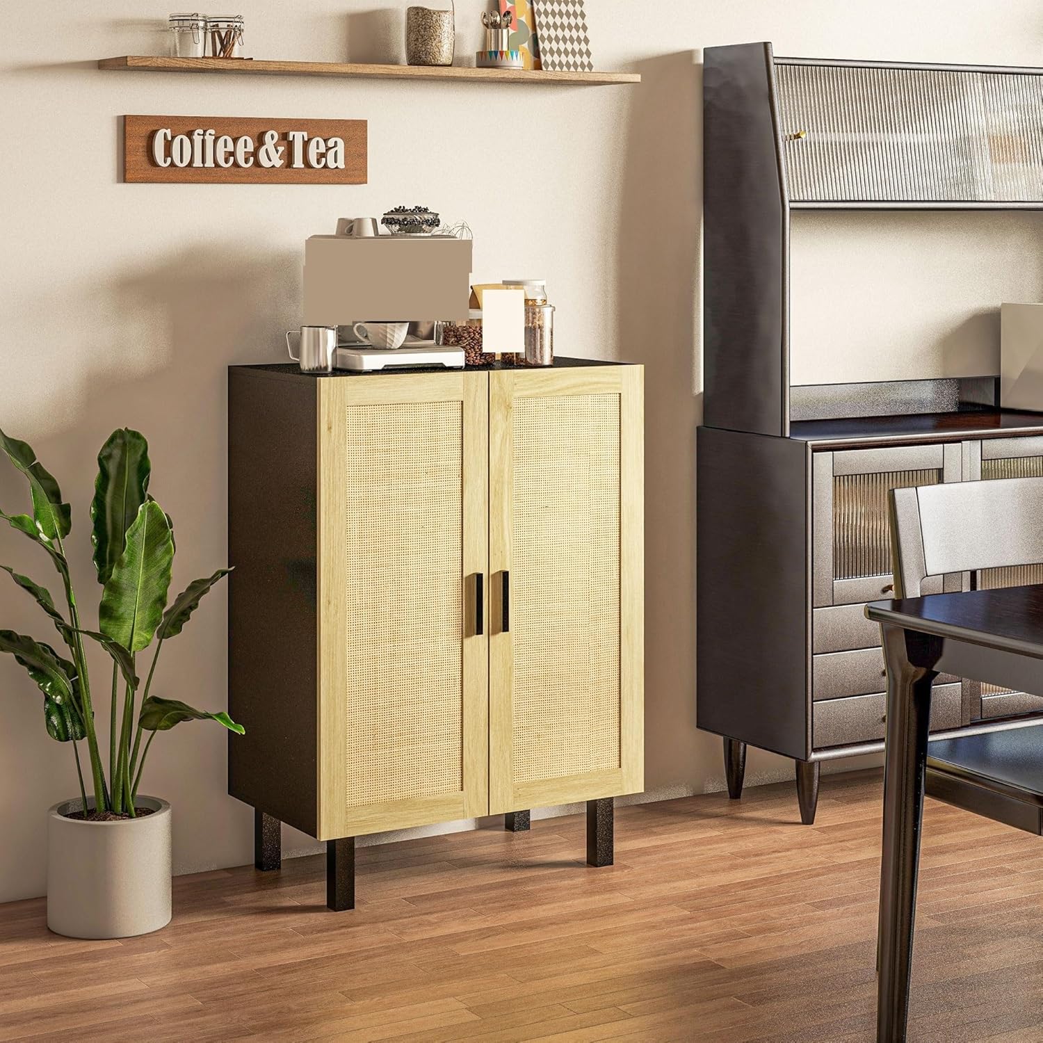 Rattan Door Sideboard Buffet Cabinet - Stylish Coffee Cabinet with Adjustable Shelves for Dining Room, Living Room Storage & Organization