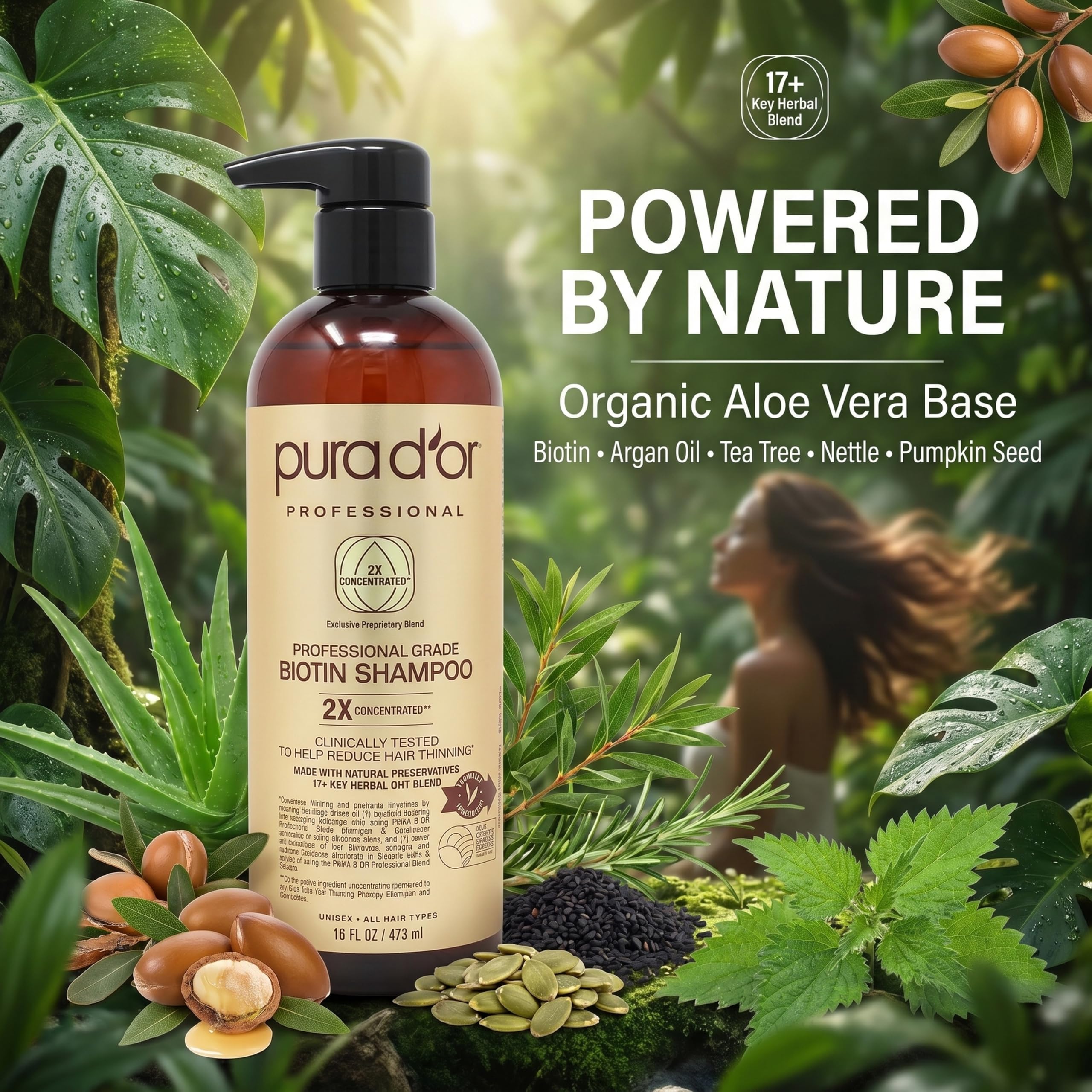 PURA D'OR Professional Anti-Haarausdünnungs-Biotin-Shampoo (473 ml) mit 2X konzentrierten Wirkstoffen - sulfatfrei, natürliche Inhaltsstoffe - klinisch getestet, Männer und Frauen