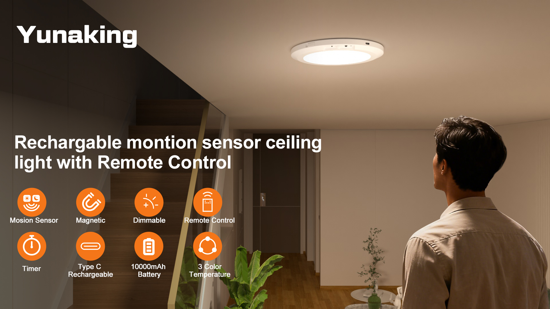 Image of Yunaking 2 Pack Rechargeable Ceiling Light with Motion Sensor: Battery Operated LED Closet Light with Remote & Timing - Wireless Dimmable Magnetic Mount Shower Lamp for Bathroom /Stairs /Garage /Hallway