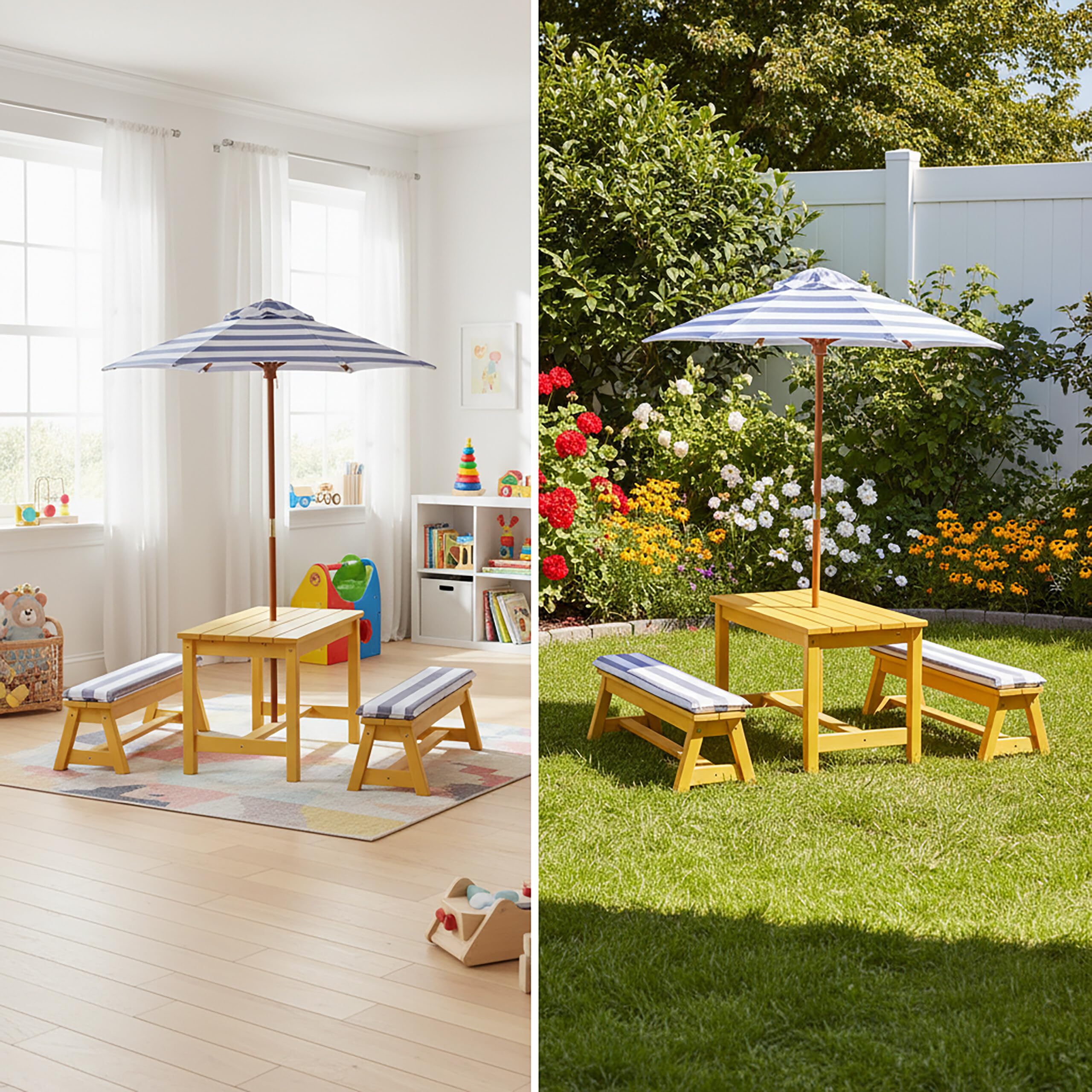 Relaxdays Kindersitzgruppe Holz Garten Picknickbank mit Schirm & Kissen für draußen