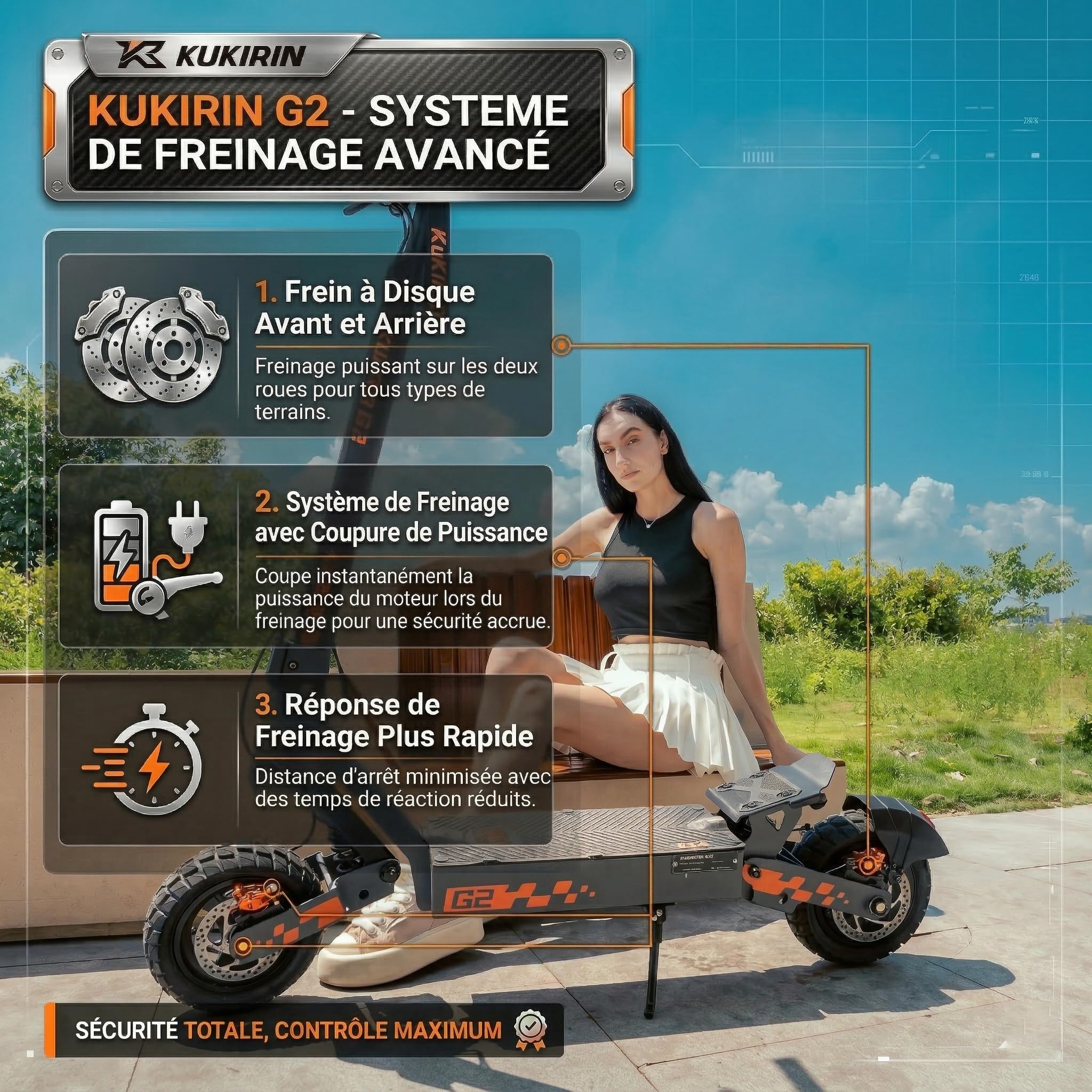 KuKirin Série G2 Trottinette Électrique Adulte Pliable, Pneus Tubeless, Suspension Avant et Arrière, Freinage à Double Disque, Autonomie Durable