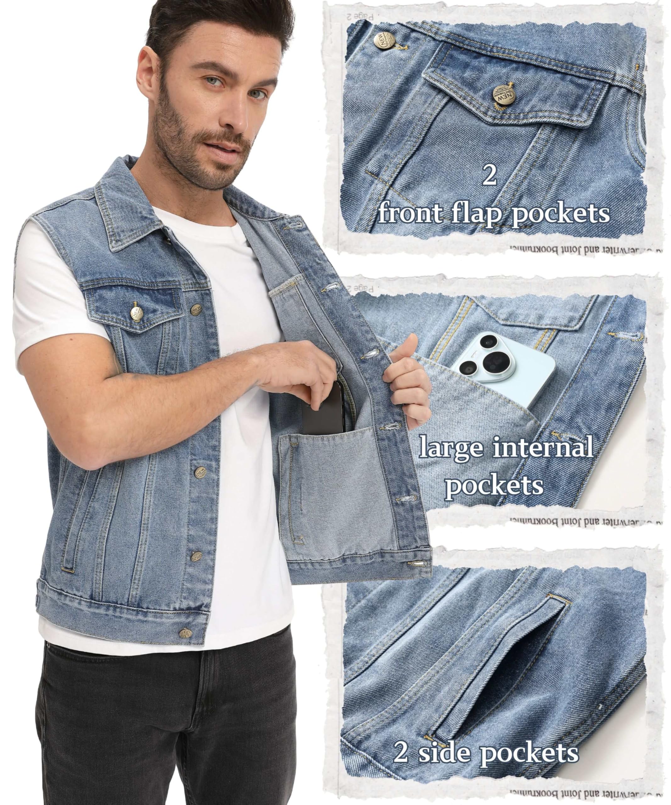 Herren Weste Denim Vest Motorrad Jeansweste Outdoor Baumwolle Bikerweste Vintage Denim Weste Classics Ärmellos Useful Waistcoat