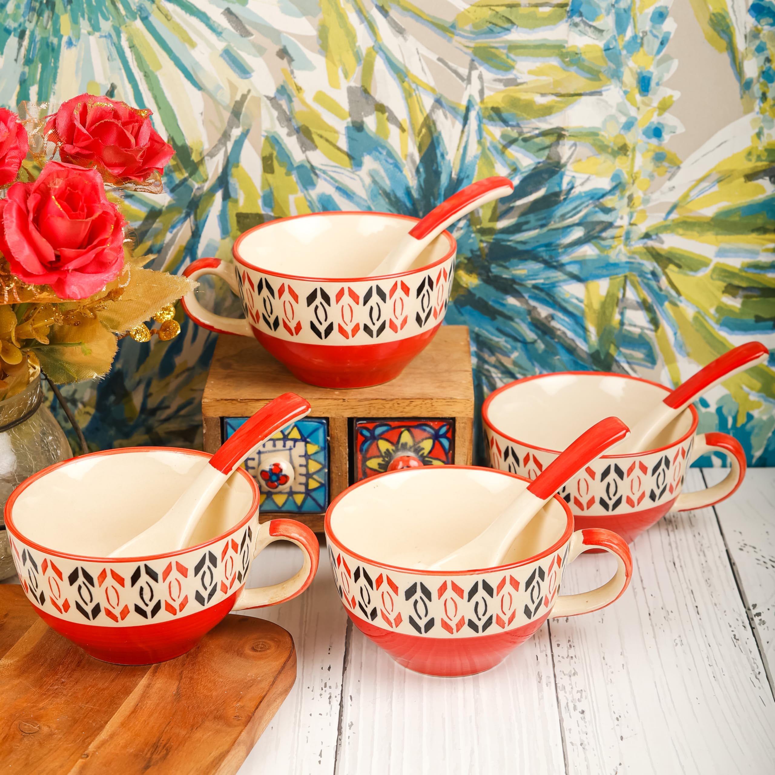 HS Hindustani SAUDAGR Crimson Red Ceramic Bowl Set of 4 Soup Bowl with Handle & Spoon Microwave Safe Bowls katori Ideal for Snacks Rice dal Desserts and Gifting.