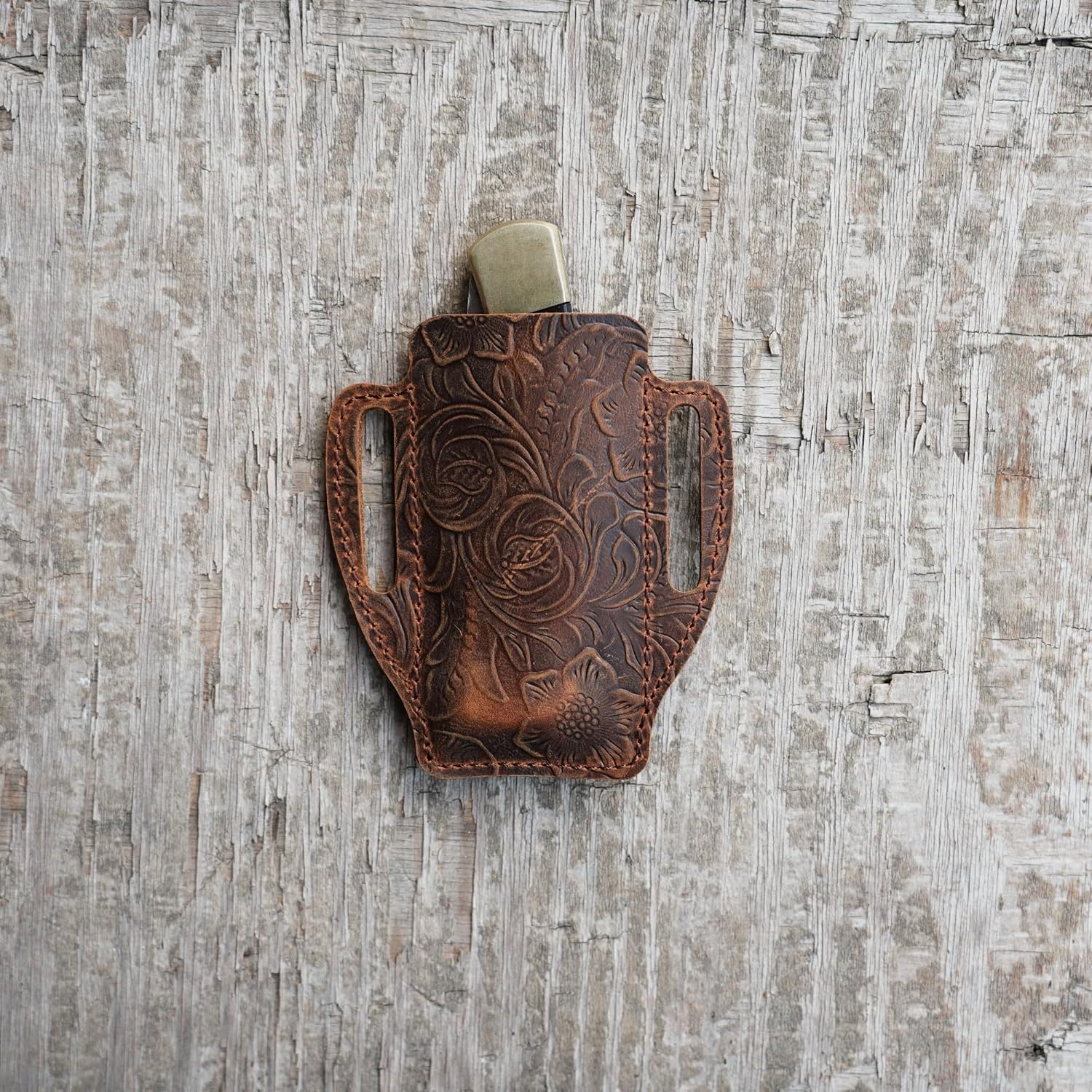 JJNUSA Folding Knife Sheath Pocket for 4" -5 inch Knives, Leather Knife Holder Holster Belt Loop, 5" inch Leather Knife Sheaths, EDC Holster Buck 110 112 Pouch Embossed Brown
