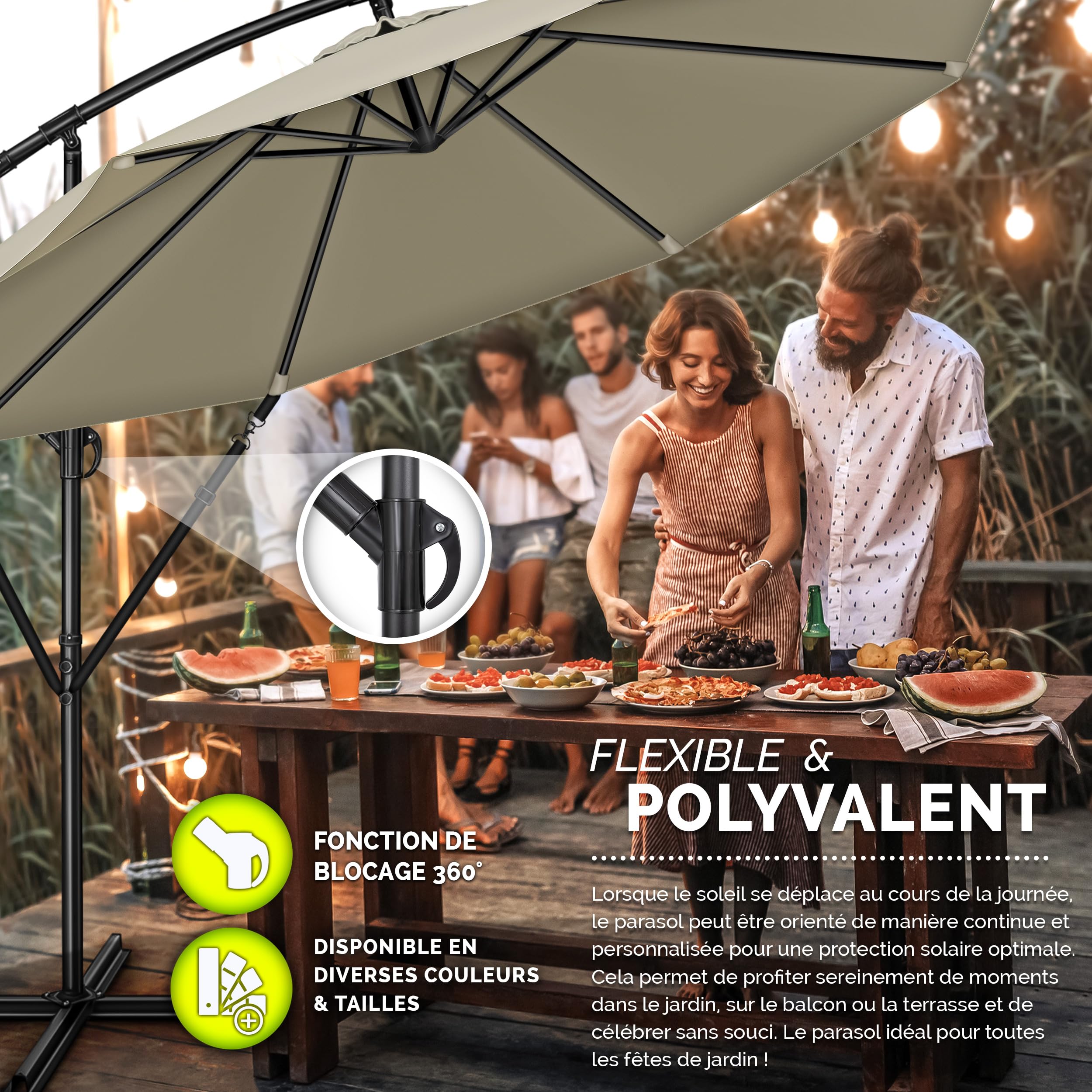 tillvex Parasol déporté hexagonale 3M avec manivelle | Pare-soleil avec pied | Protection UV en aluminium pour le jardin | Parasol à manivelle pour le marché déperlant
