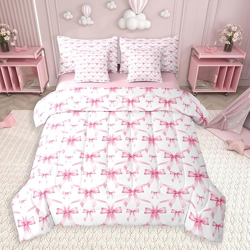 Feelyou Pink Bow Comforter Set Twin Size 7 Piece for Kids Te