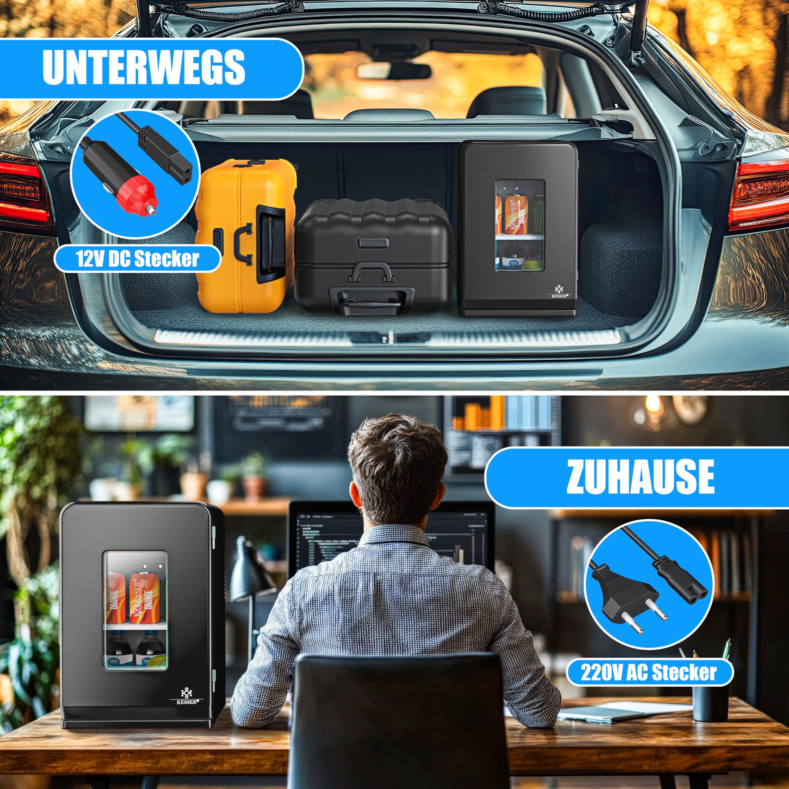 KESSER® 2in1 Mini Kühlschrank Kühlbox 15 Liter Kühl und Heizfunktion Tragbarer AC DC 220-240V/12V Steckdose und Zigarettenanzünder Warmhaltebox Thermobox Auto Büros Zimmer Camping Garten Schwarz