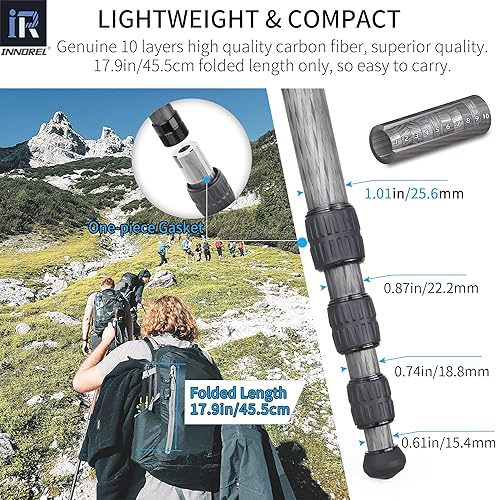 Miniatura 5 de INNOREL RT45C+N36 - Trípode de fibra de carbono portátil de 10 capas de viaje profesional compacto ligero para videocámara DSLR con cabezal de bola