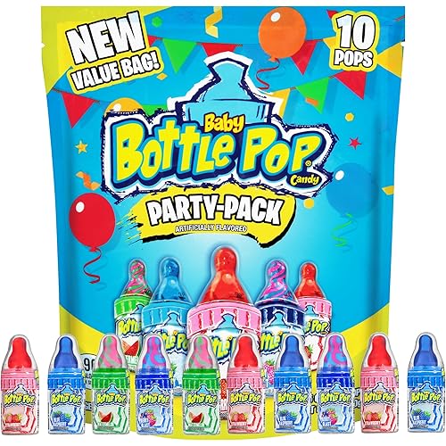 Baby Bottle Pop Candy Lollipops Variety Pack - 10 Ct Bulk Lollipops with Dipping Powder, Full Size, Fun Hard Candy For Birthday Parties, Valentine's Gifts, Goodie Bags, Party Favors