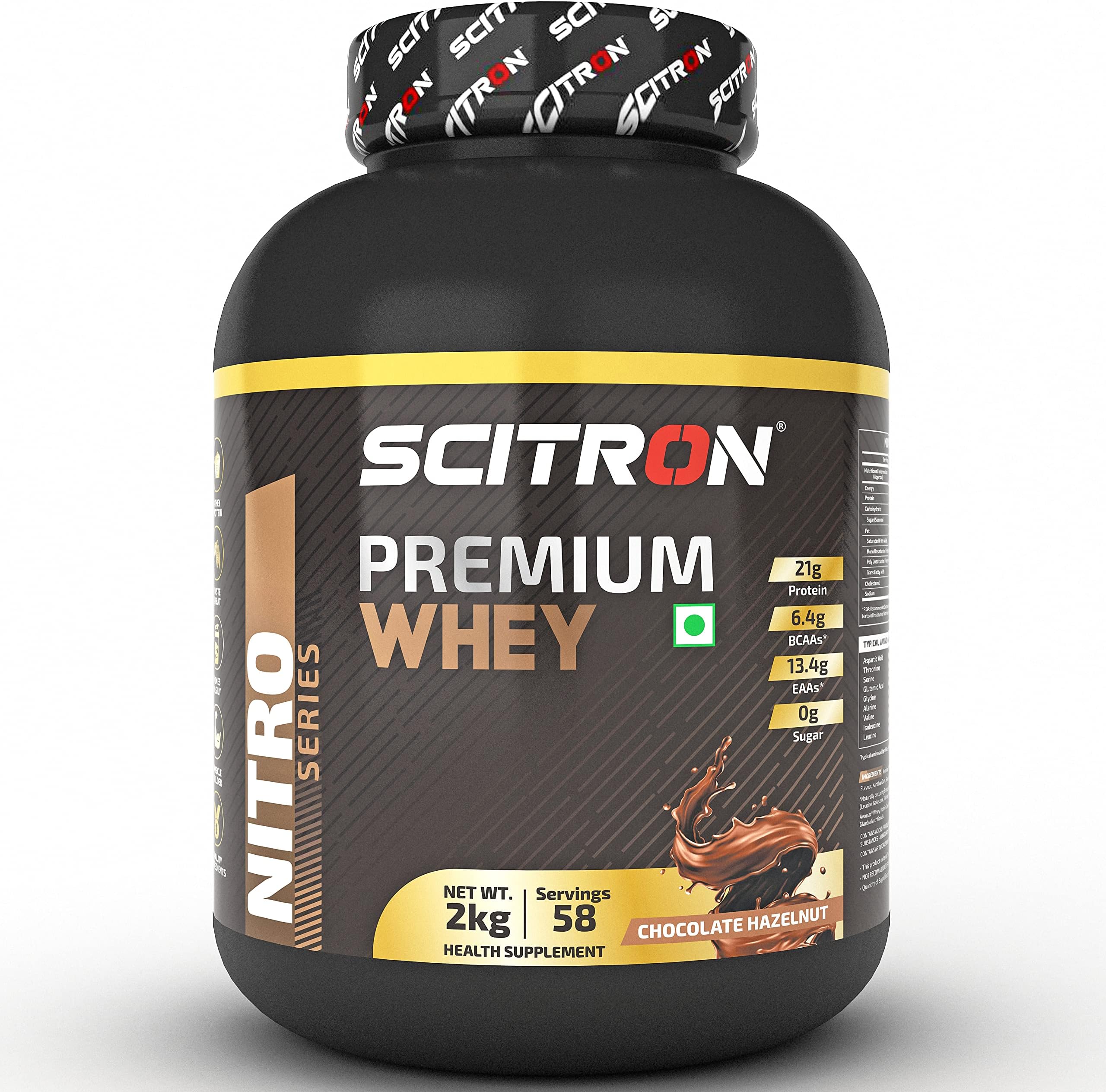 Nitro Series PREMIUM WHEY (21g Protein, 6.4g BCAAs, 13.4g EAAs, 0g Sugar, 58 Servings) - 2kg (Chocolate Hazelnut)