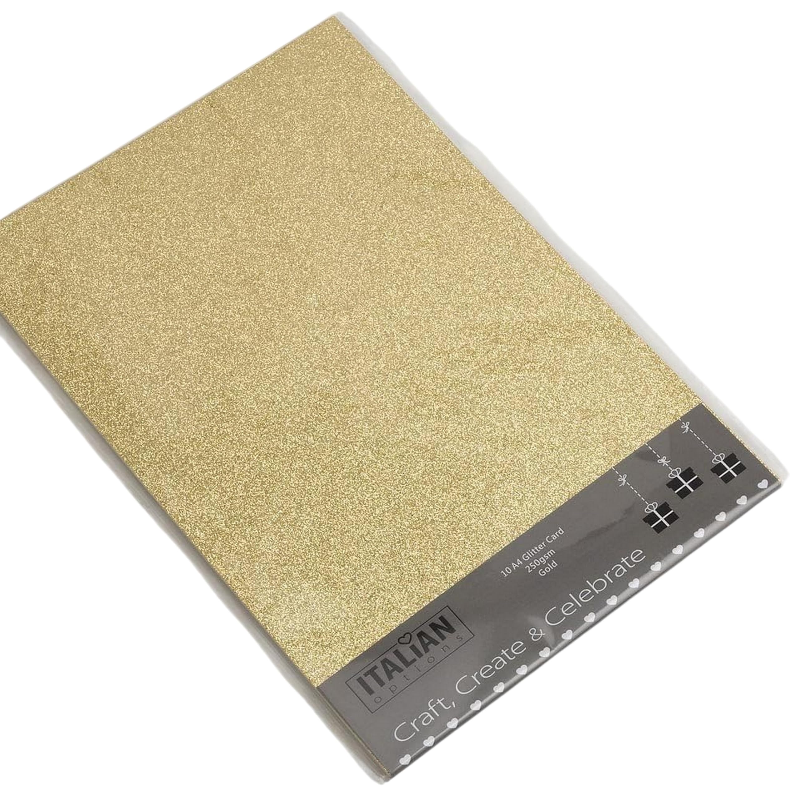 Italian Options Non-Shed Glitter Cardstock Paper, Sturdy Glitter Card for Electronic Die-Cutter Machines, Christmas Crafts and Card Making Supplies, 10 Coloured Sheets, A4, 250gsm, Gold