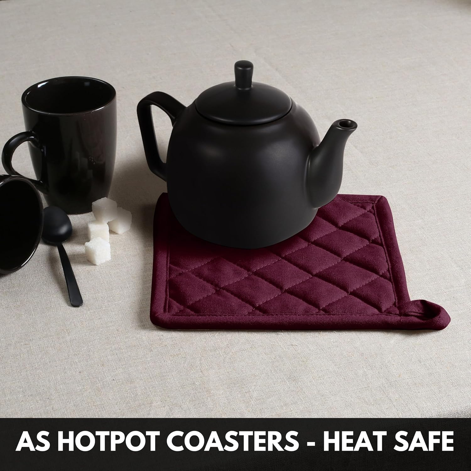 Oven Mitt (7"x13") & Pot Holder (8"x8") 100% Cotton Set of Heat Resistant Oven Gloves & Hot Pads for Gifts, BBQ, Cooking, Baking, Thanksgiving - Burgundy Wine