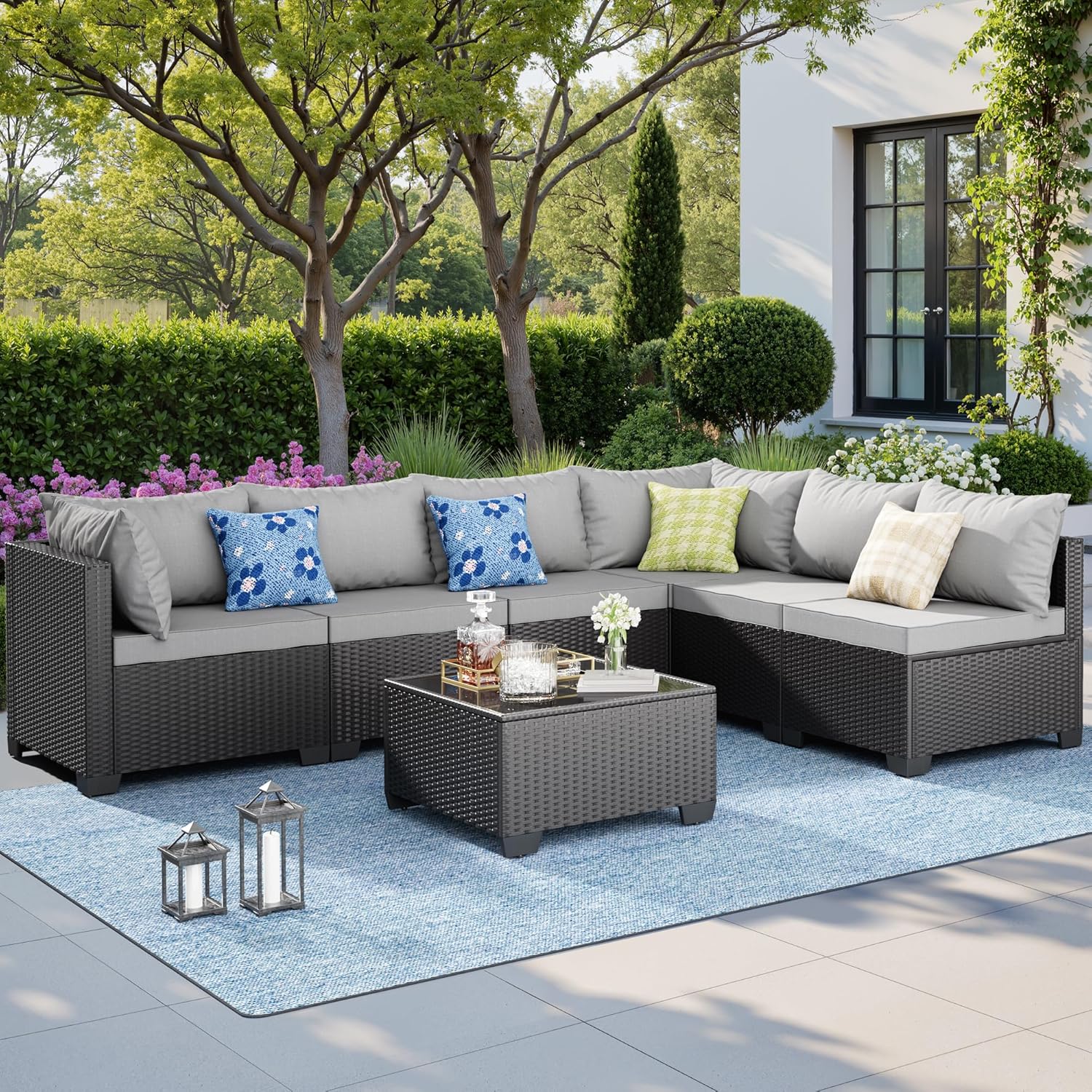 Skyfish 7 Pieces Patio Furniture Sofa - Outdoor Sectional Wicker Rattan Furniture with Cushion and Glass Table Patio Conversation Sets for Porch Poolside Backyard Outdoor Sofa Set Modular Sofa