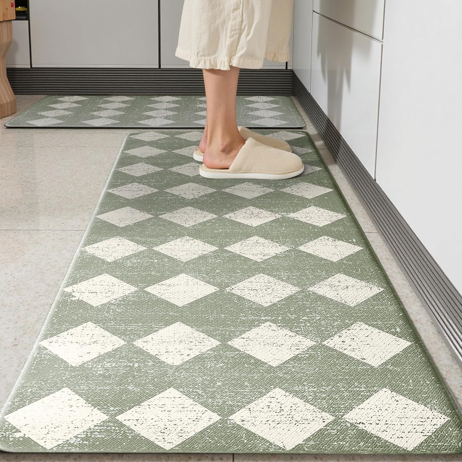 Sage Beige Moroccan Trellis Checkered Kitchen Rug Sets [2 PCs], Anti-Fatigue, Waterproof Non-Slip Kitchen Mats Heavy Duty Ergonomic Comfort Foam Rug for Floor, Home, Laundry,17"x29"+17"x47" Sage Beige 17"x29"+17"x47"-0.4"H
