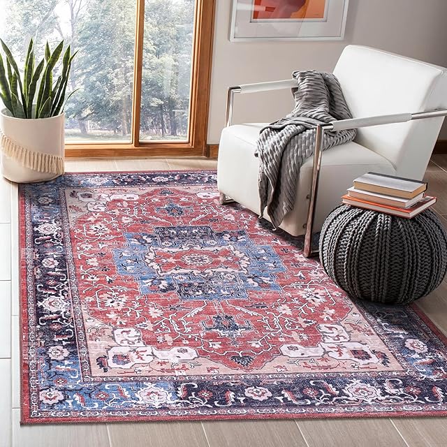 NETLINE HOME Machine Washable Area Rugs For Kitchen, Bedroom, Dining and Living Room | Kid Pet Friendly Rug | Oriental Design Carpet | Low Pile | Non Slip (Bright Red - Light Grey, 200X290 CM)