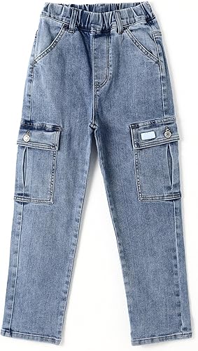 KIDSCOOL SPACE Girls Slim Jeans,Big Girls Ribbed Pull On Cargo Stretch Denim Pan