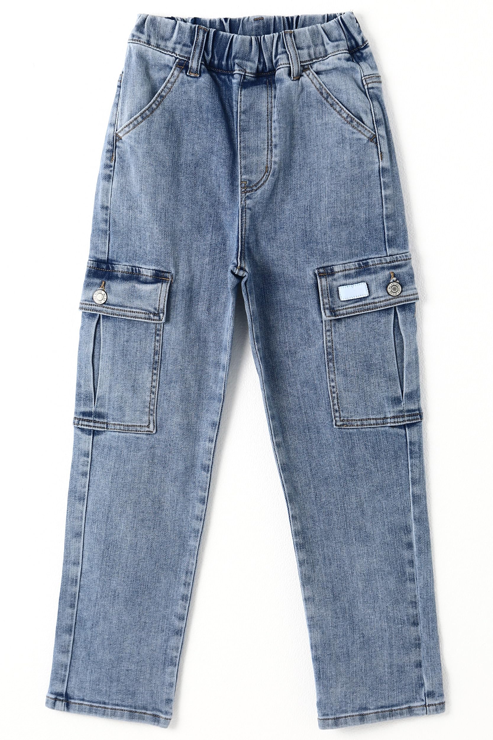 KIDSCOOL SPACE Jeans para niños con Cintura elástica para niñas pequeñas y Grandes con Anillo en D Cargo Stretch Denim Pants