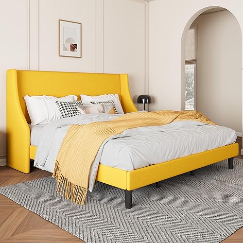 Miniatura 34 de SHA CERLIN Base de cama de plataforma tamaño Queen con cabecero tapizado, elegante diseño de respaldo de alas, soporte de listones de madera