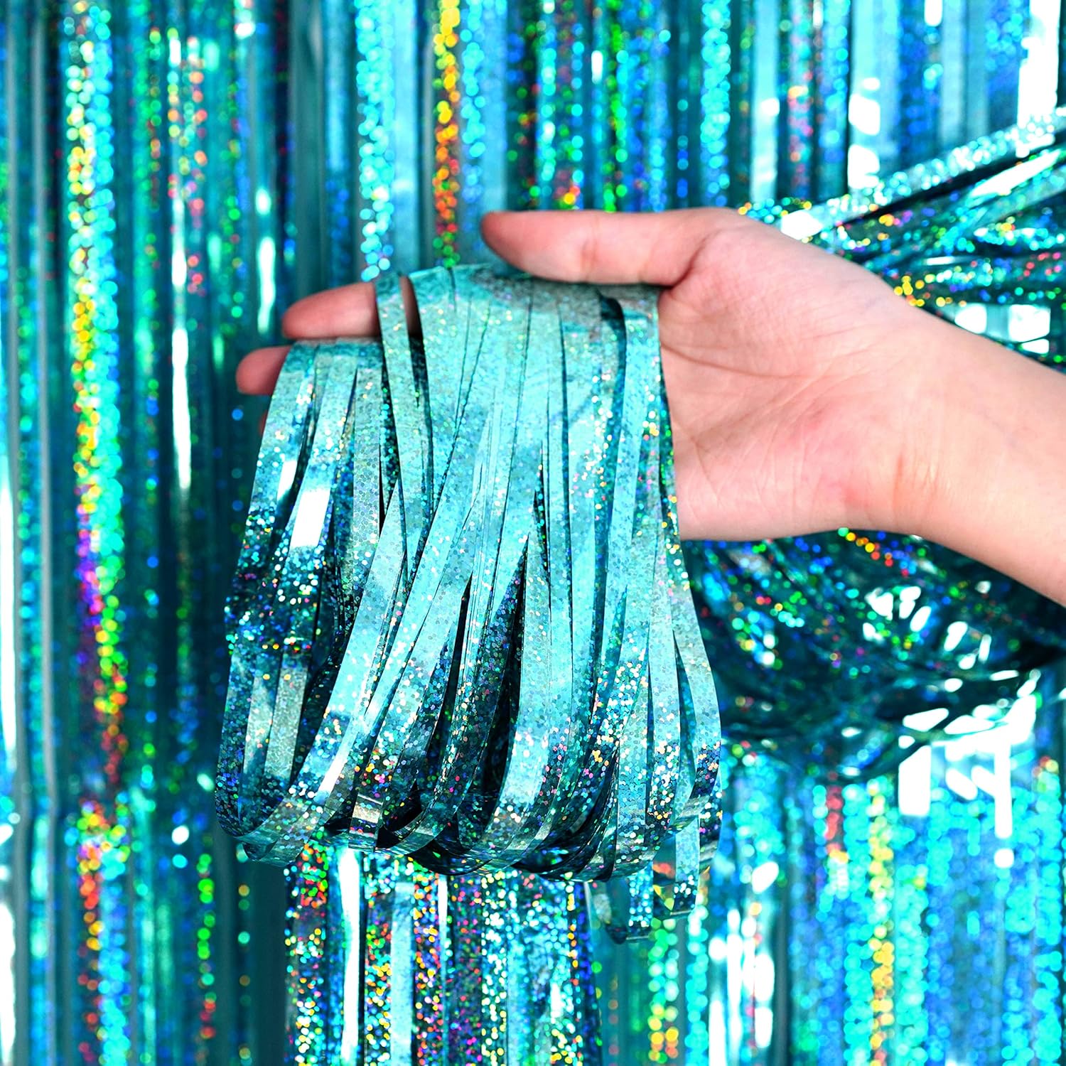 Teal Blue Metallic Foil Fringe Curtains - Under The Sea Mermaid Ocean Theme Birthday Baby Shower Wedding Graduation Anniversary Beach Pool Party Photo Booth Backdrop Decoration, 3.2 ft x 9.8 ft, 2pc - Image 3