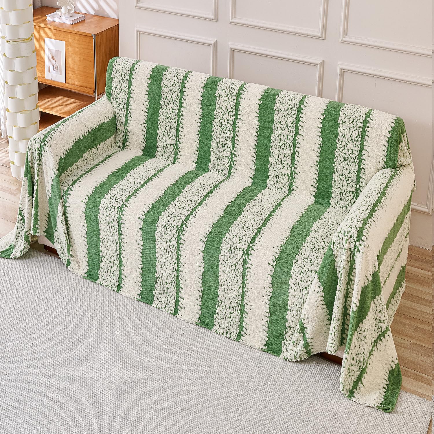 HOKIPO Plush Sofa Cover Throw for 2 Seater | Soft Sofa Throw for Complete Sofa Protection, 'Luxury Wavy Plush' Pistachio Green (180x250 cm) (AR-6523-GRN)-image-9
