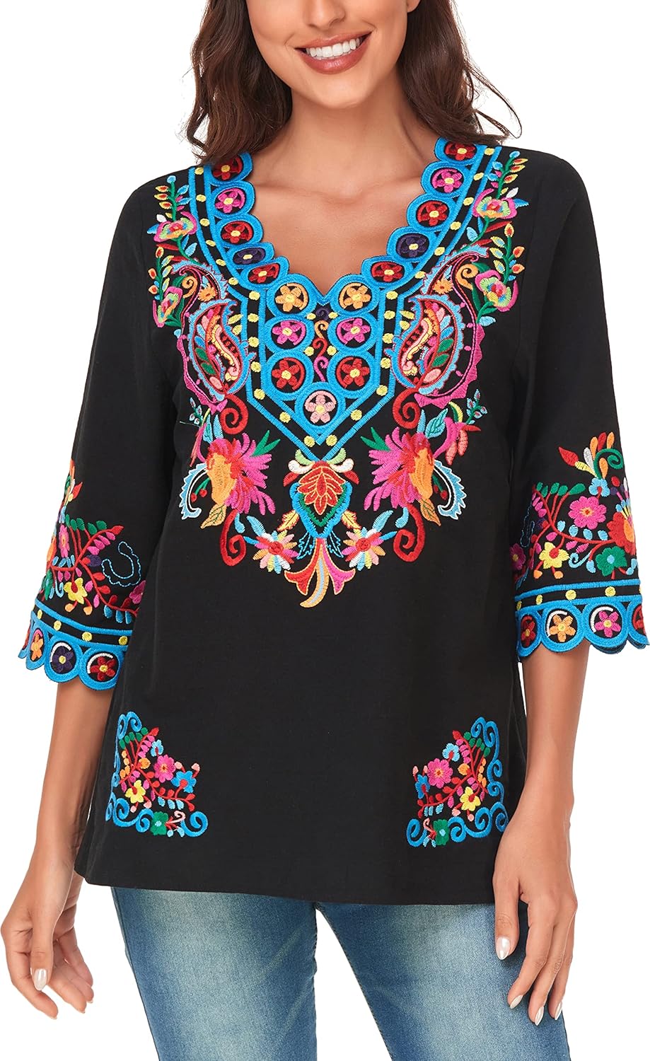 YZXDORWJ Women's Summer Boho Embroidery Mexican Bohemian Tops Shirt Tunic V Neck Blouses - Image 5