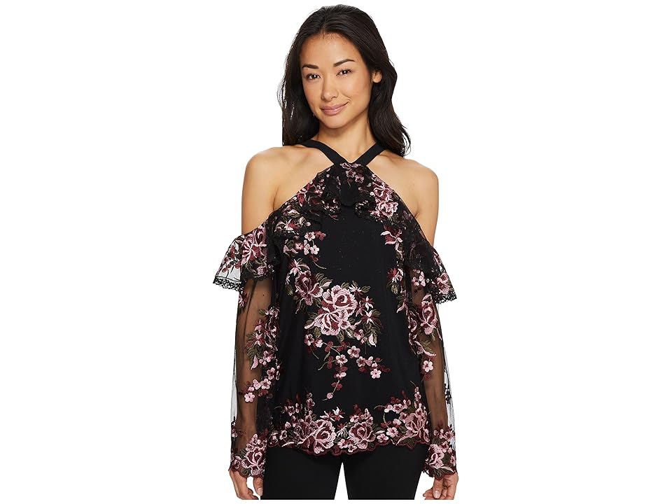 

Karen Kane Embroidered Cold Shoulder Ruffle Top (Black) Women's Clothing