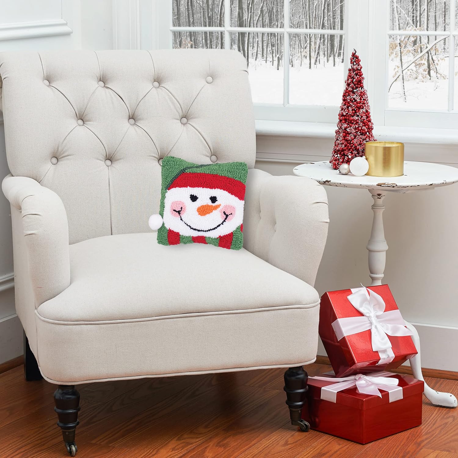 C&F Home Happy Snowman Hooked Pillow Small Petite Xmas Christmas Winter Decor Decoration Throw Pillow 8" x 8" for Couch Chair Living Room Bedroom 8" x 8" Green