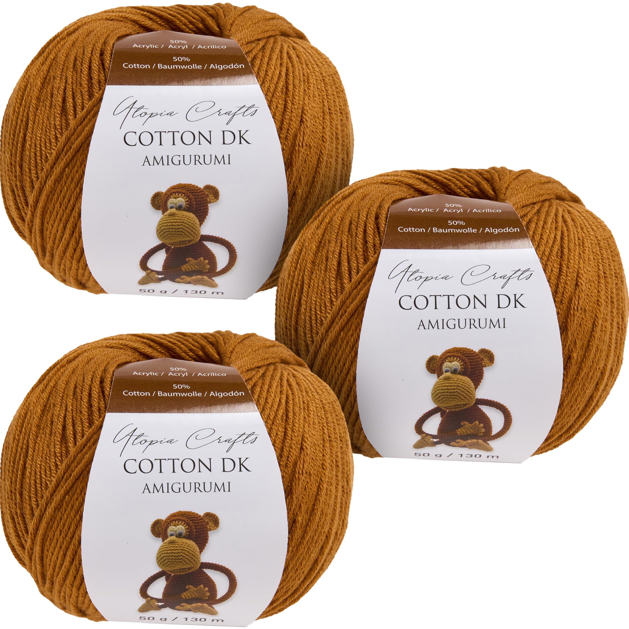 Utopia Crafts Amigurumi Cotton DK Yarn for Crochet and Knitting 50% Cotton, 50% Acrylic Blended, 3X 50g (Light Brown)