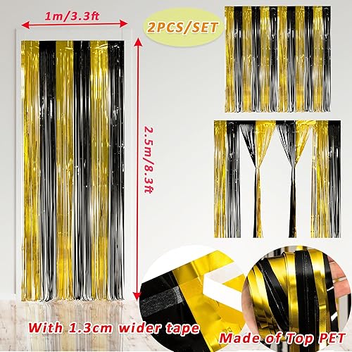 Miniatura 2 de Paquete de 2 decoraciones de fiesta negras y doradas, cortina de flecos de lámina dorada de 3.3 x 8.2 pies, telón de fondo de oropel negro,