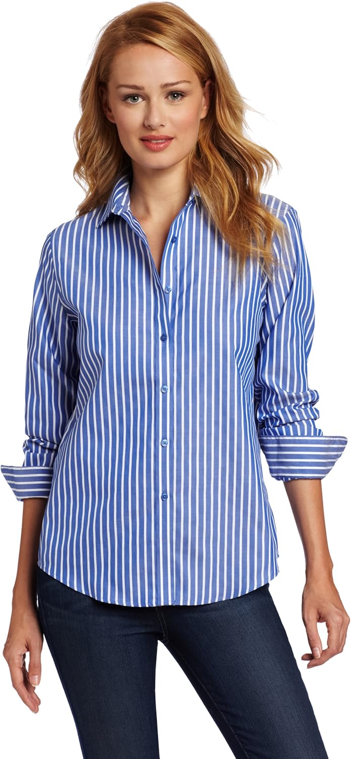 Jones New York Women's No-Iron Easy Care Striped Shirt, Blue/White