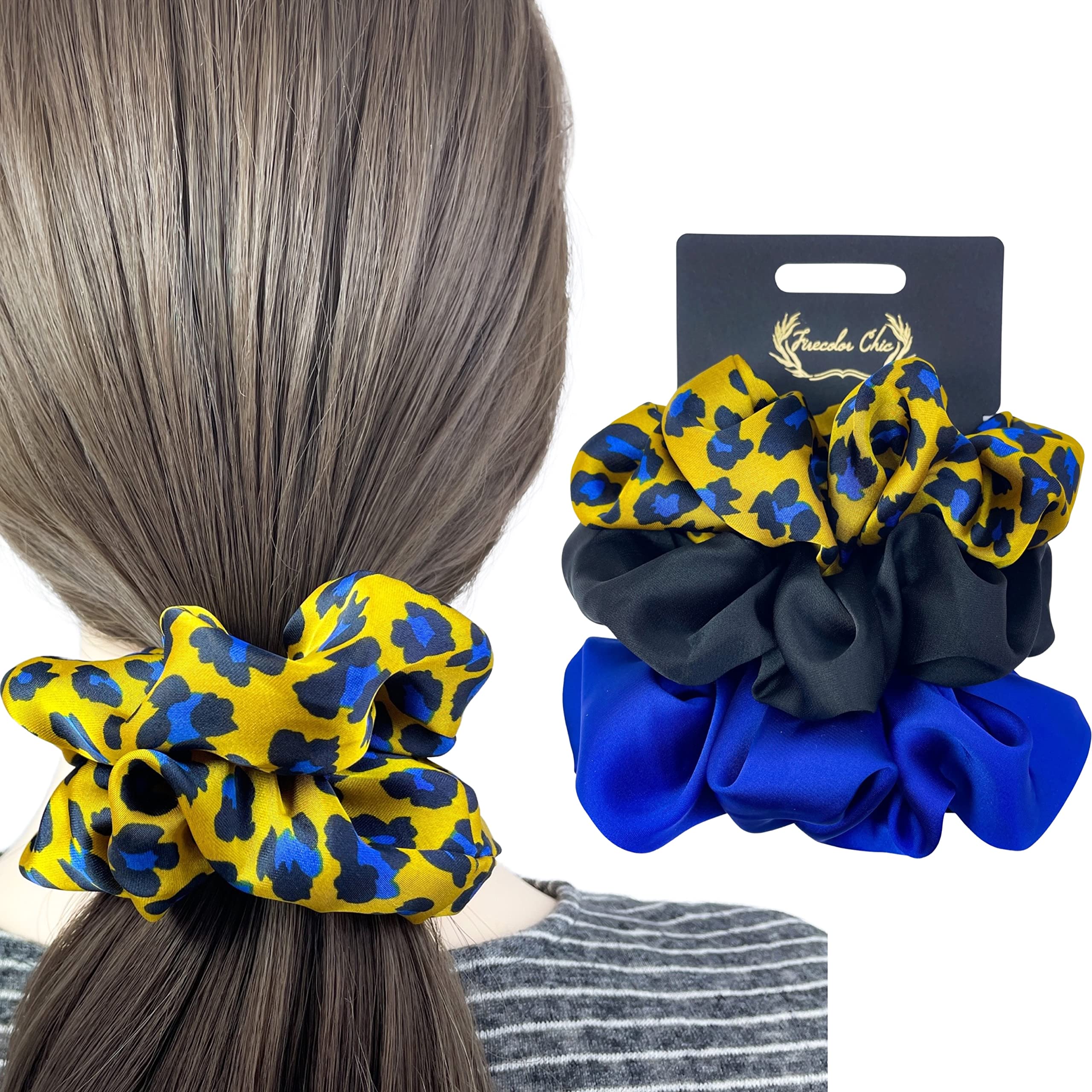 Firecolor Chic 3 Pcs Satin Silk Large Scrunchies Hair Ties Ropes Big Scrunchy Hair Strong Elastics Bands Ponytail Holder Pack of Neutral Sturdy Hair Accessories Women Girls No Damage (L, Set 4)